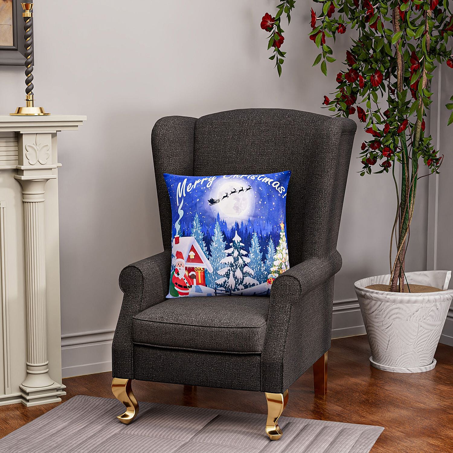 Snowy Night Forest - Santa LED Printed Cushion Cover With Filling - Blue (Requires 2AA Batteries - Not Incld)