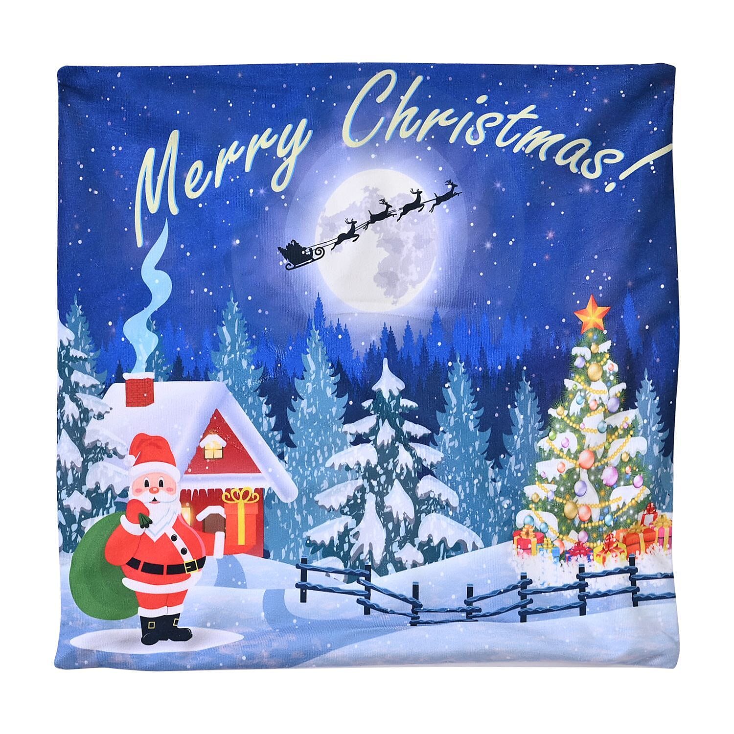 Snowy Night Forest - Santa LED Printed Cushion Cover With Filling - Blue (Requires 2AA Batteries - Not Incld)