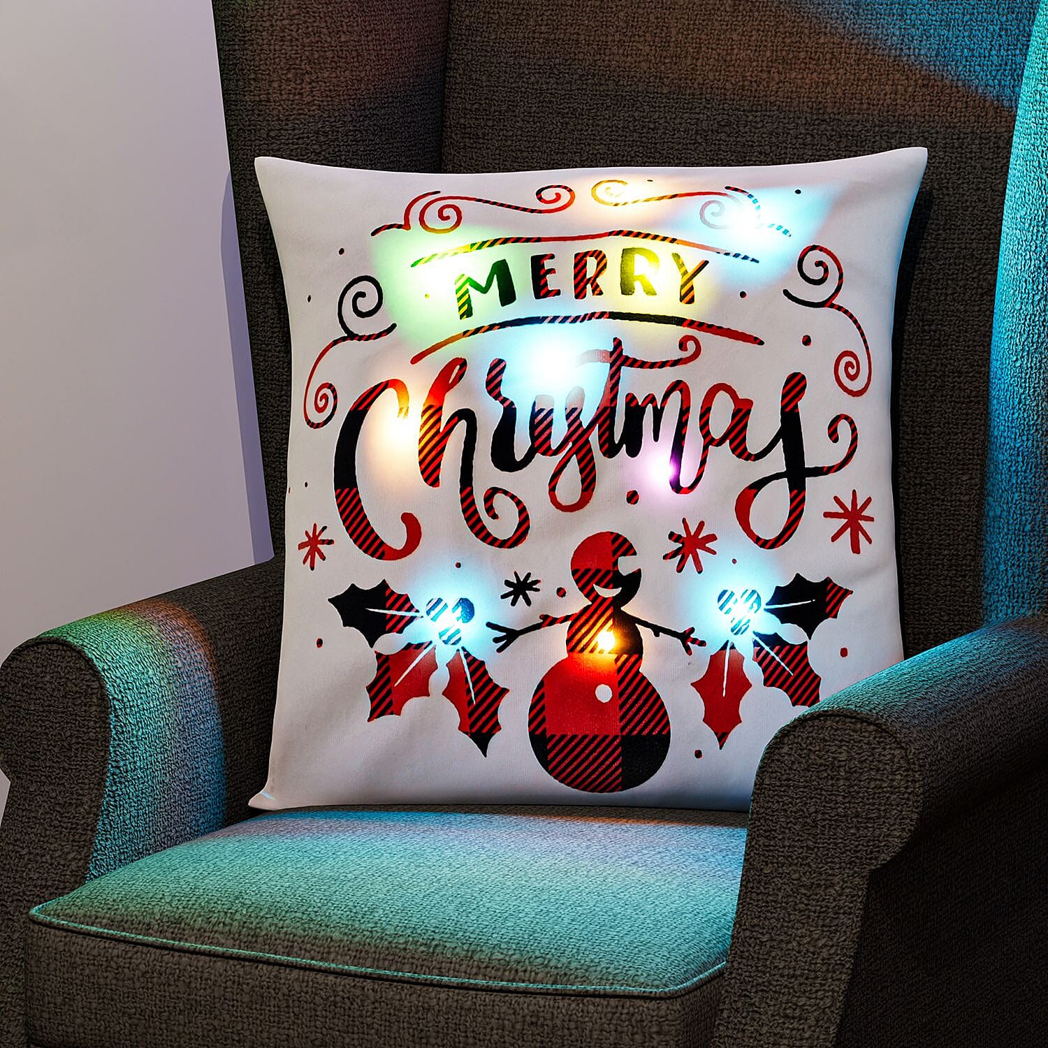 Merry Christmas Printed LED Cushion Cover with Filling - White