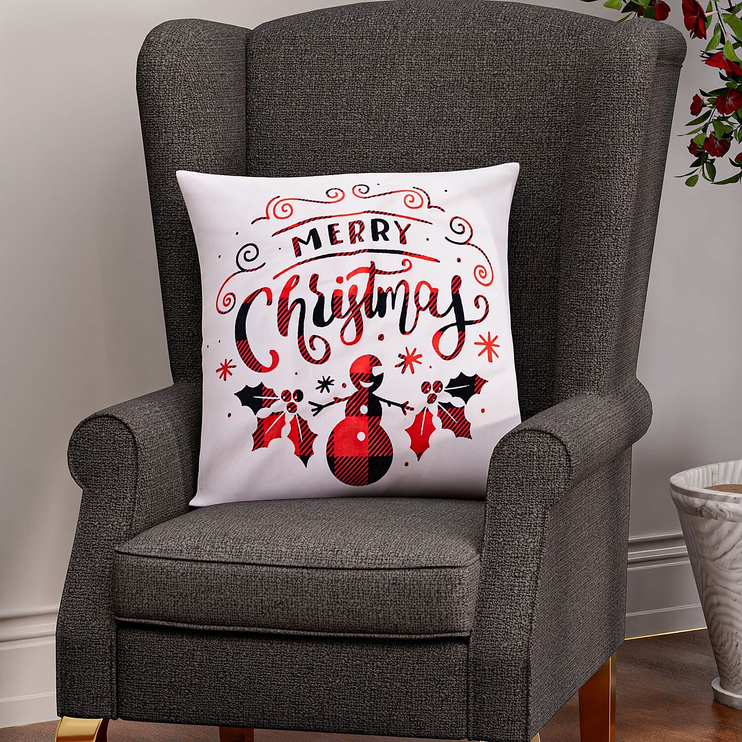 Merry Christmas Printed LED Cushion Cover with Filling - White
