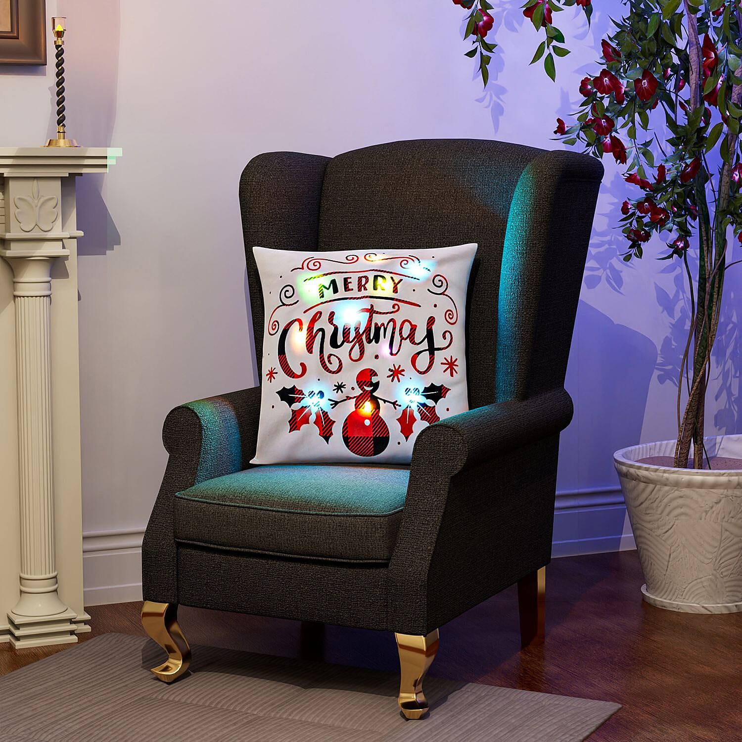 Merry Christmas Printed LED Cushion Cover with Filling - White
