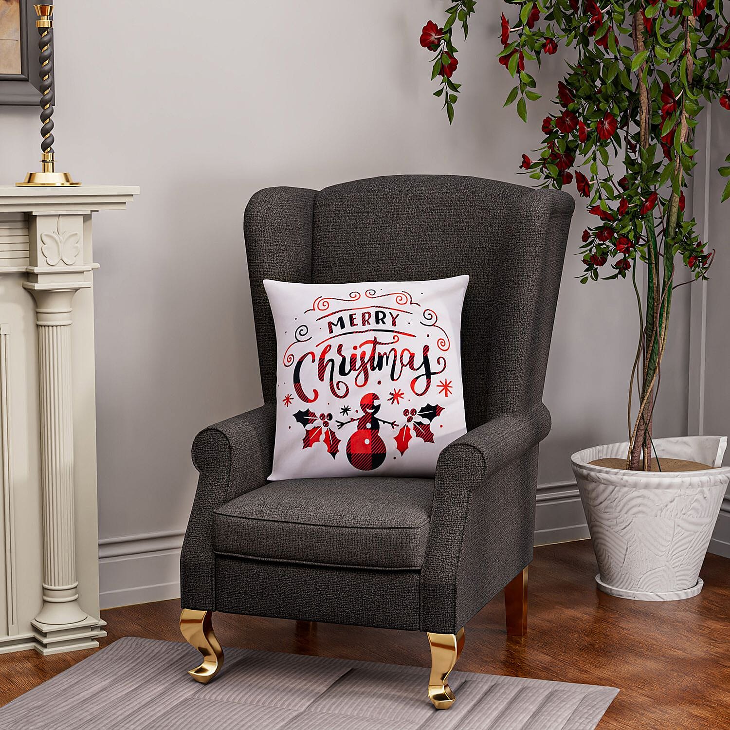 Merry Christmas Printed LED Cushion Cover with Filling - White