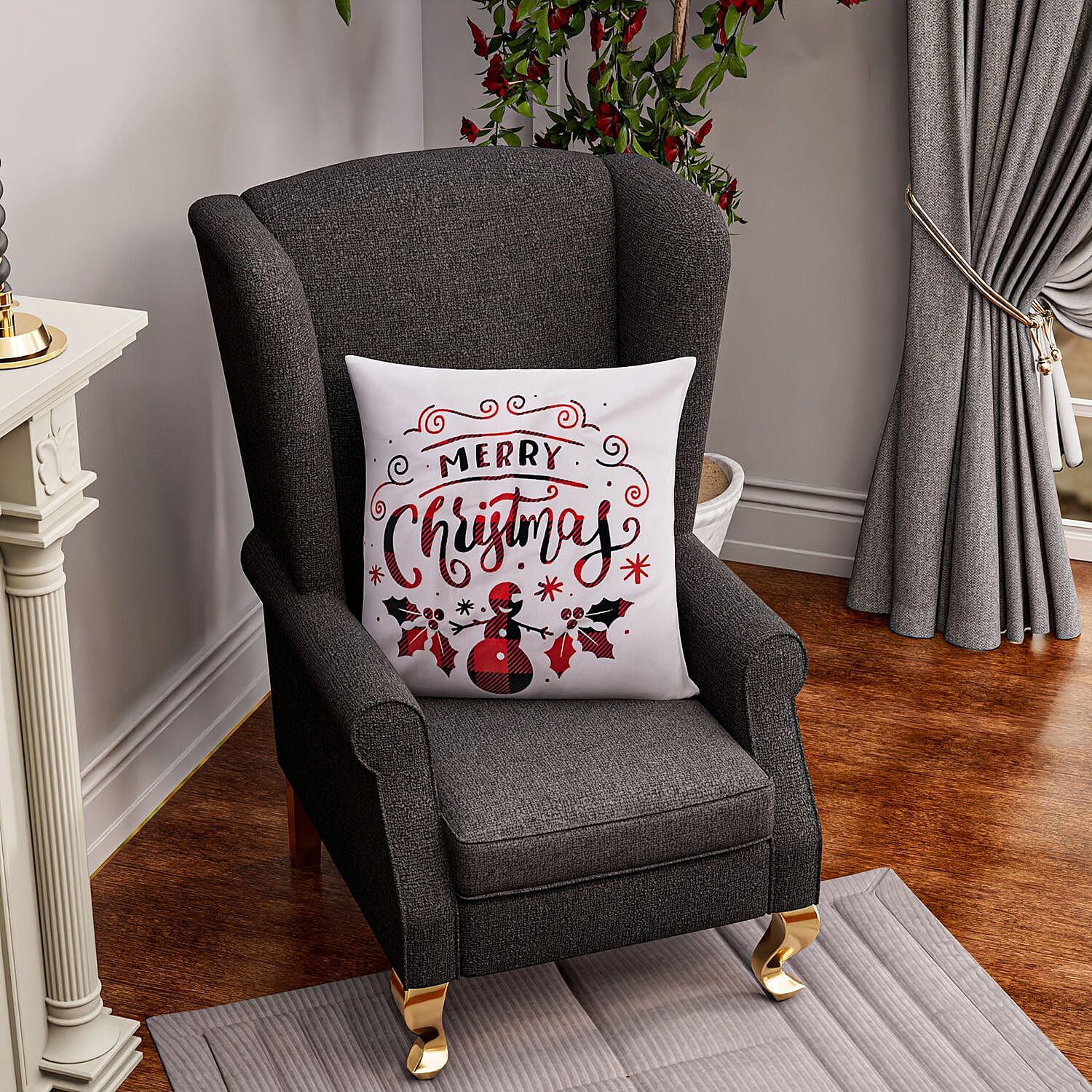 Merry Christmas Printed LED Cushion Cover with Filling - White