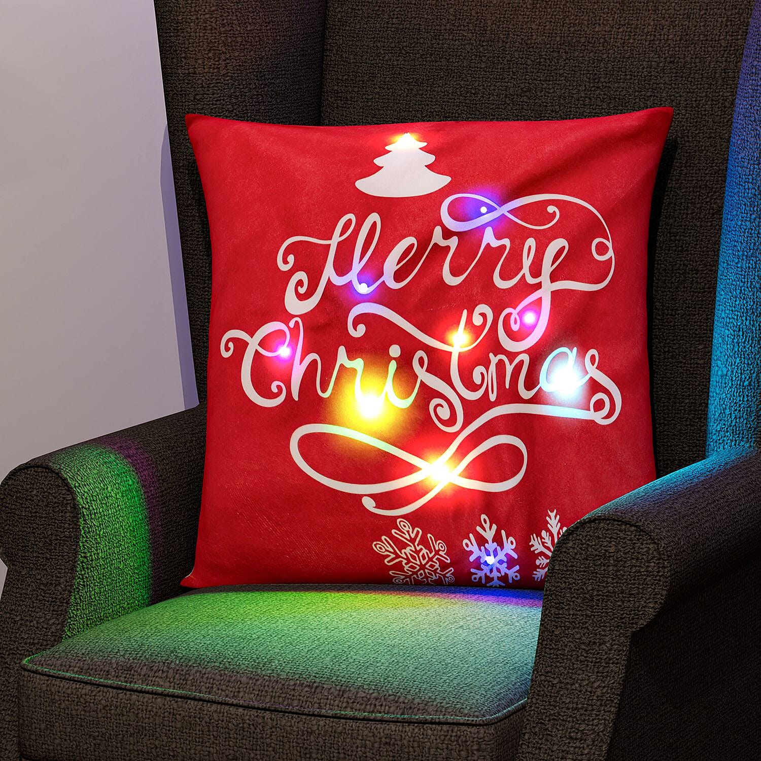 Merry Christmas Printed LED Cushion - Red