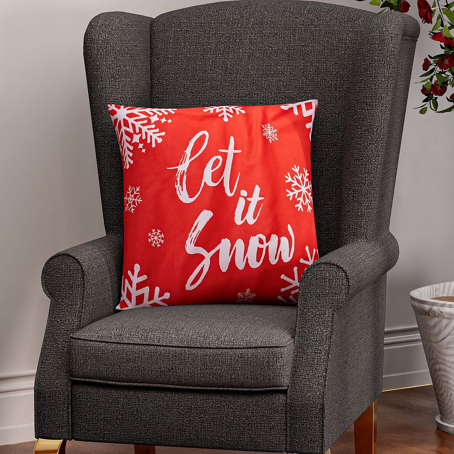 Let It Snow Printed LED Cushion Cover with Filling - Red - (Requires 2AA Batteries - Not Incld)