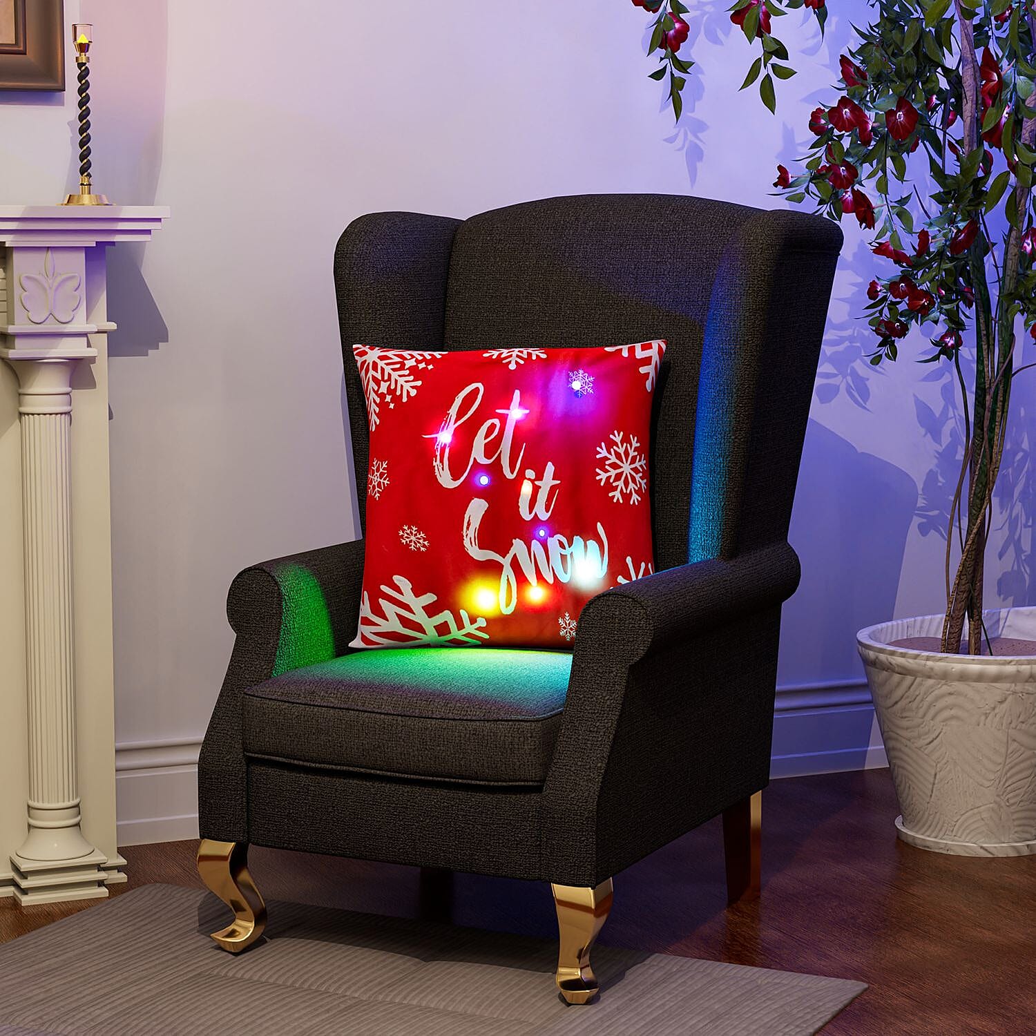 Let It Snow Printed LED Cushion Cover with Filling - Red - (Requires 2AA Batteries - Not Incld)