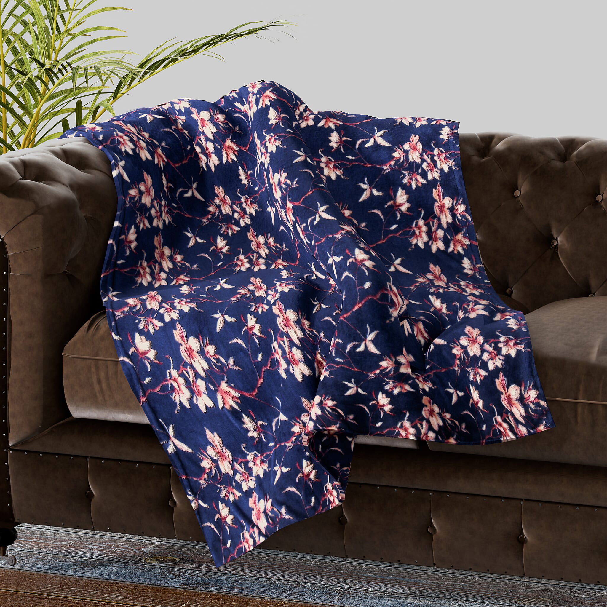 Luxurious Super Soft Floral Pattern Fleece Blanket (210x150 Cm) - Navy