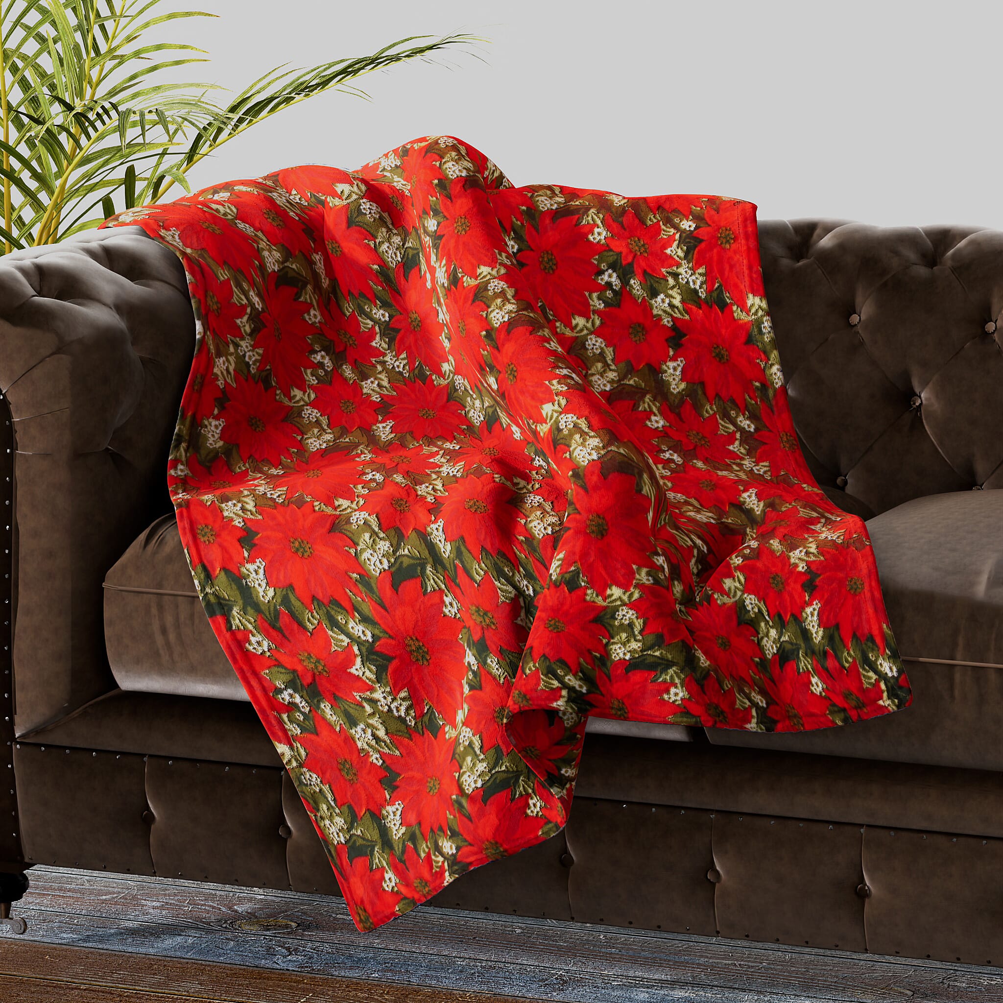 Super Soft Poinsettia Pattern Fleece Blanket (210x150 Cm) - Orange