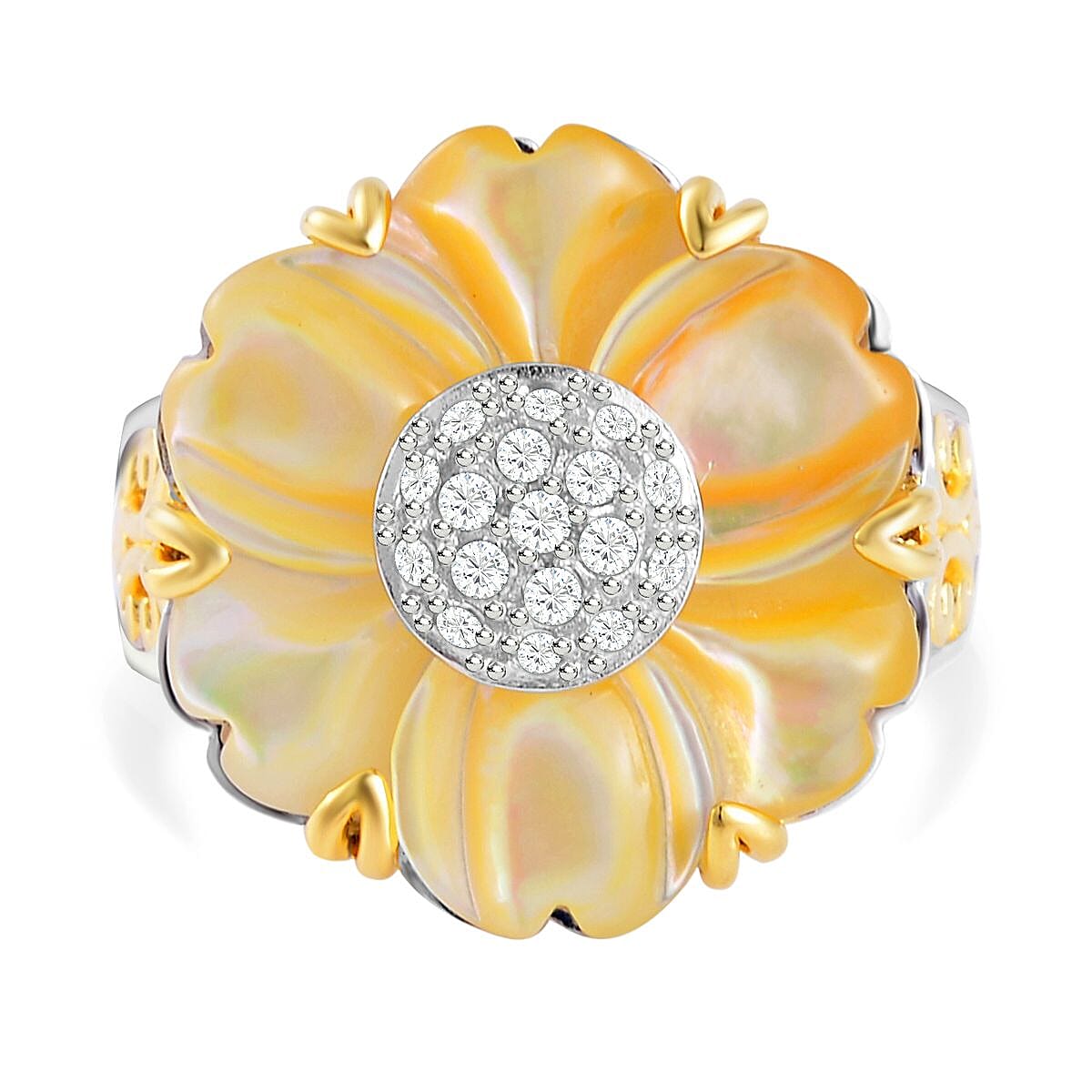Yellow Mother Of Pearl & Natural Zircon Floral Ring in Rhodium and 18K Vermeil Yellow Gold Plated Sterling Silver 6.34 Ct, Silver Wt. 6.10 Gms.