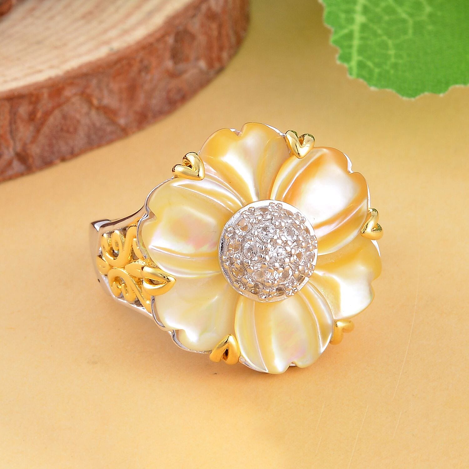 Yellow Mother Of Pearl & Natural Zircon Floral Ring in Rhodium and 18K Vermeil Yellow Gold Plated Sterling Silver 6.34 Ct, Silver Wt. 6.10 Gms.