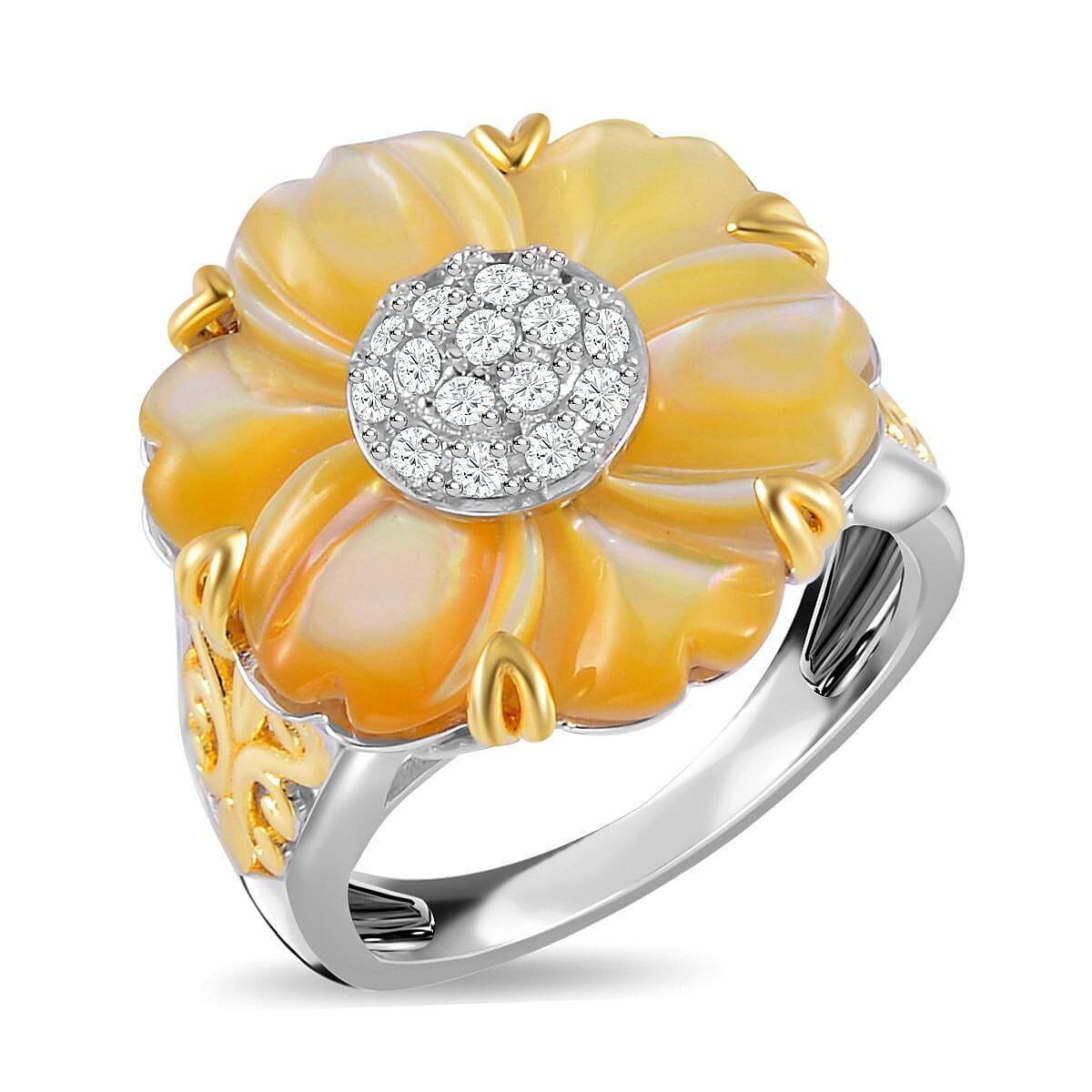 Yellow Mother Of Pearl & Natural Zircon Floral Ring in Rhodium and 18K Vermeil Yellow Gold Plated Sterling Silver 6.34 Ct, Silver Wt. 6.10 Gms.