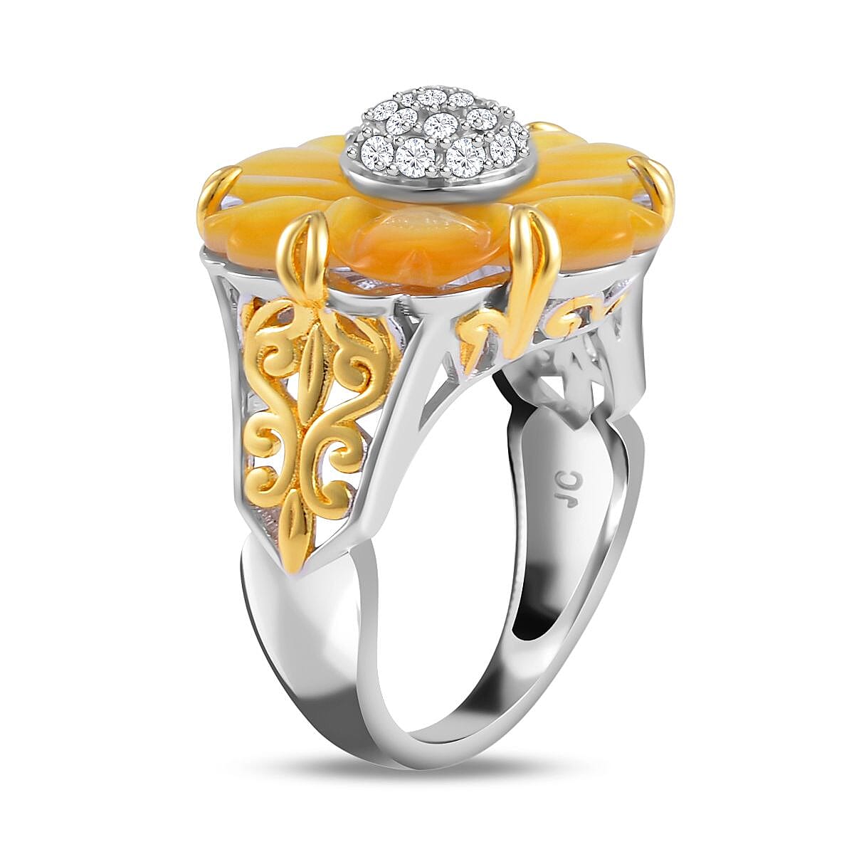 Yellow Mother Of Pearl & Natural Zircon Floral Ring in Rhodium and 18K Vermeil Yellow Gold Plated Sterling Silver 6.34 Ct, Silver Wt. 6.10 Gms.