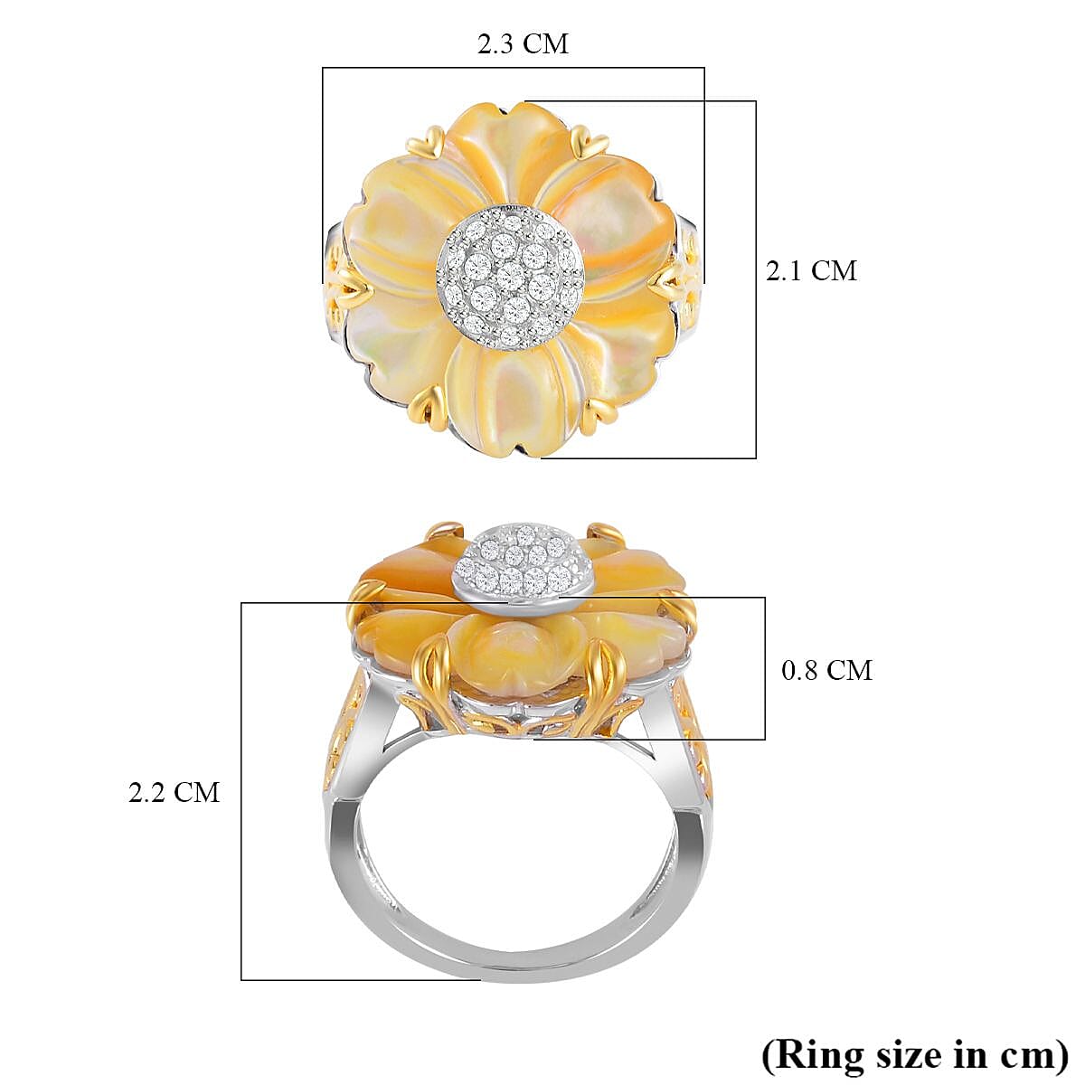 Yellow Mother Of Pearl & Natural Zircon Floral Ring in Rhodium and 18K Vermeil Yellow Gold Plated Sterling Silver 6.34 Ct, Silver Wt. 6.10 Gms.
