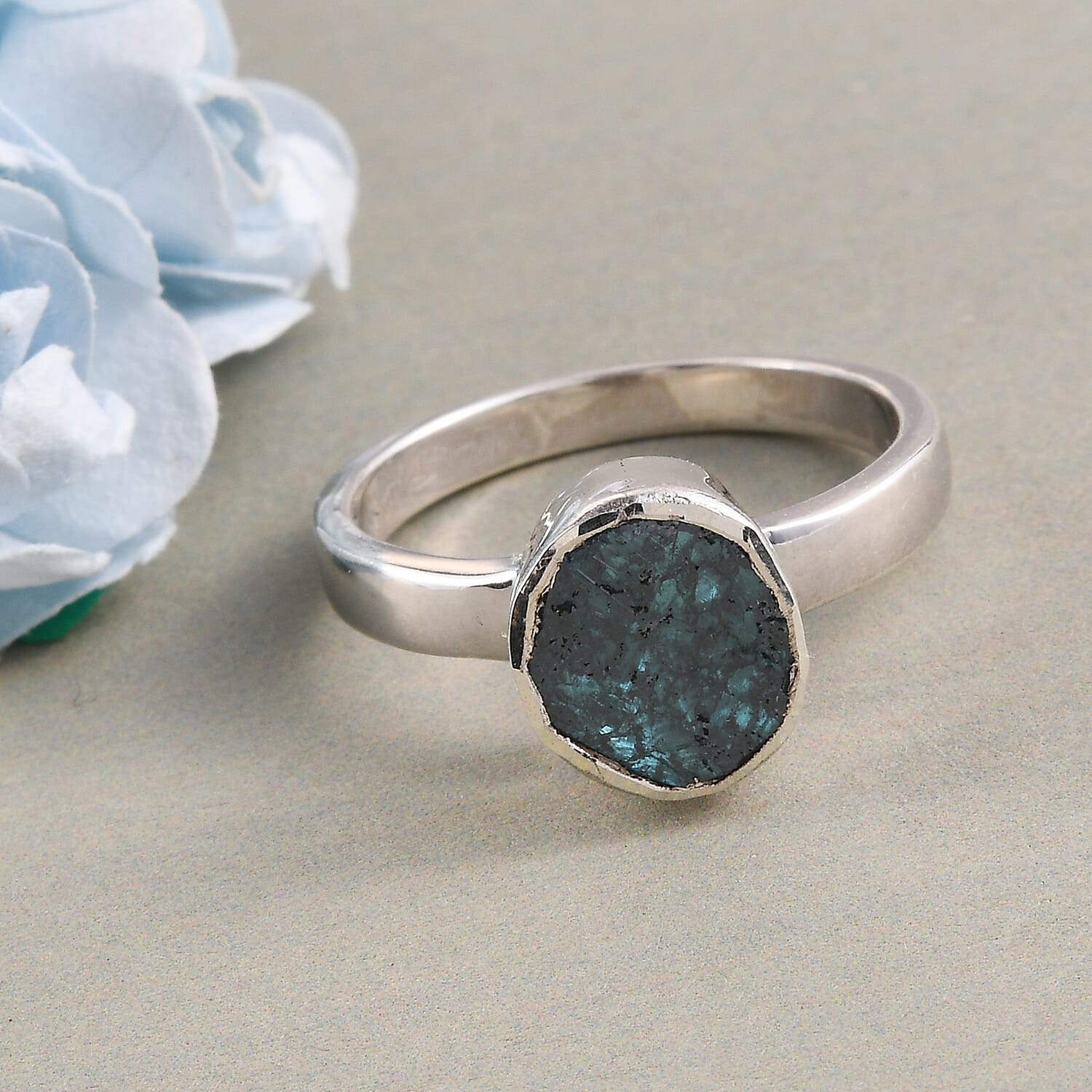 Artisan Crafted Blue Polki Diamond Ring in Platinum Overlay Sterling Silver 0.50 Ct.