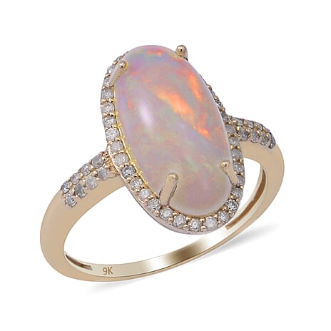 9K Yellow Gold Ethiopian Welo Opal and Diamond (G-H) Ring 3.45 Ct. Gold Wt 3 Gms