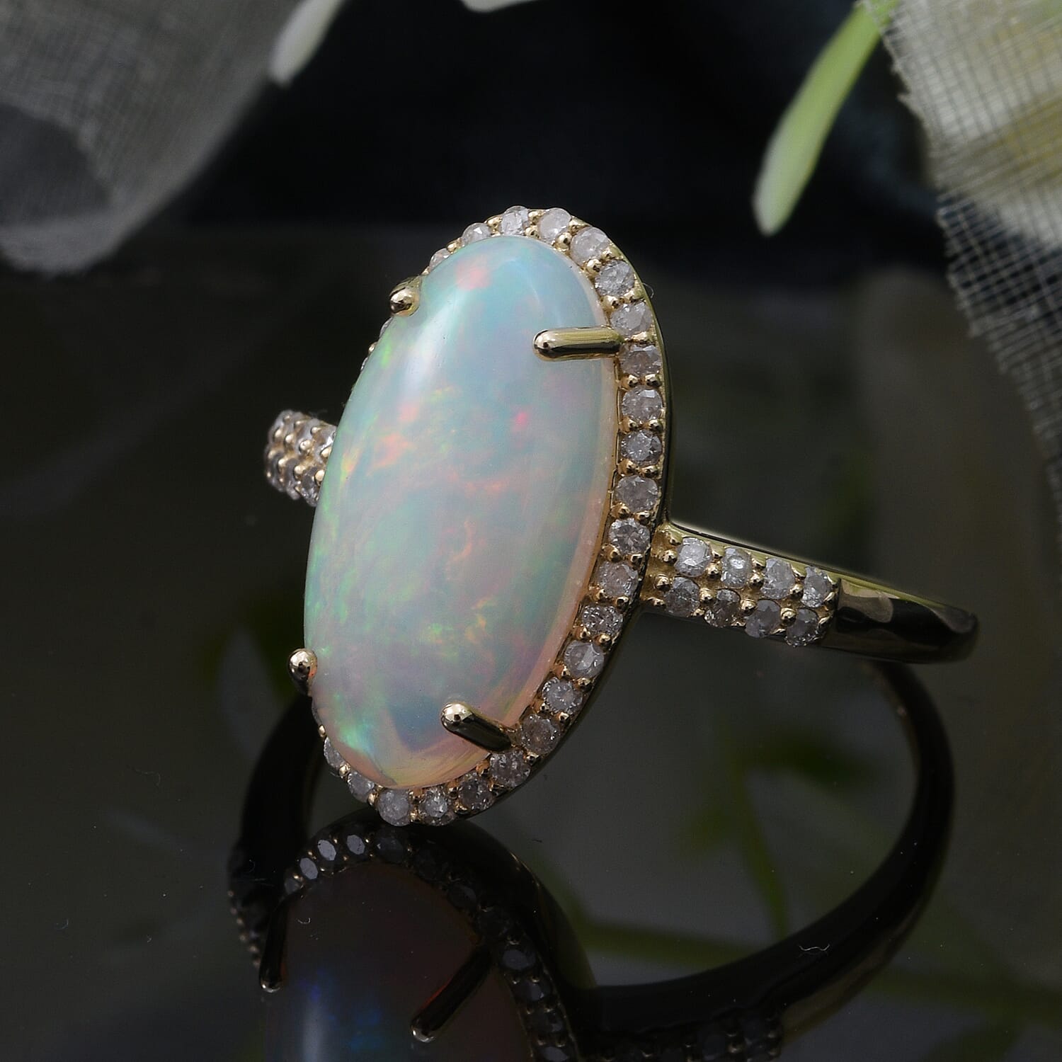 9K Yellow Gold Ethiopian Welo Opal and Diamond (G-H) Ring 3.45 Ct. Gold Wt 3 Gms