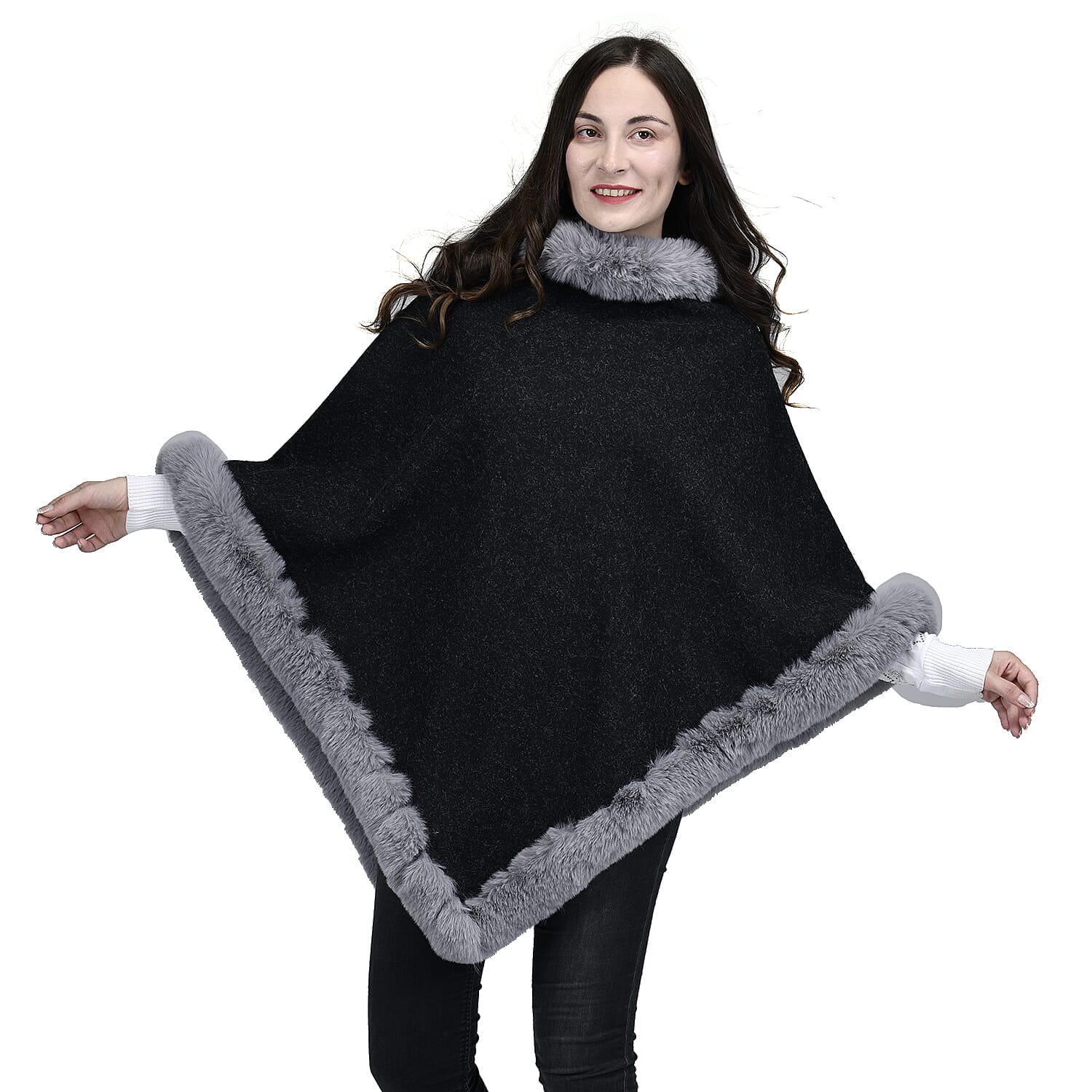 TAMSY High Neck Collar V Shaped Faux Fur Poncho - Black & Light Grey