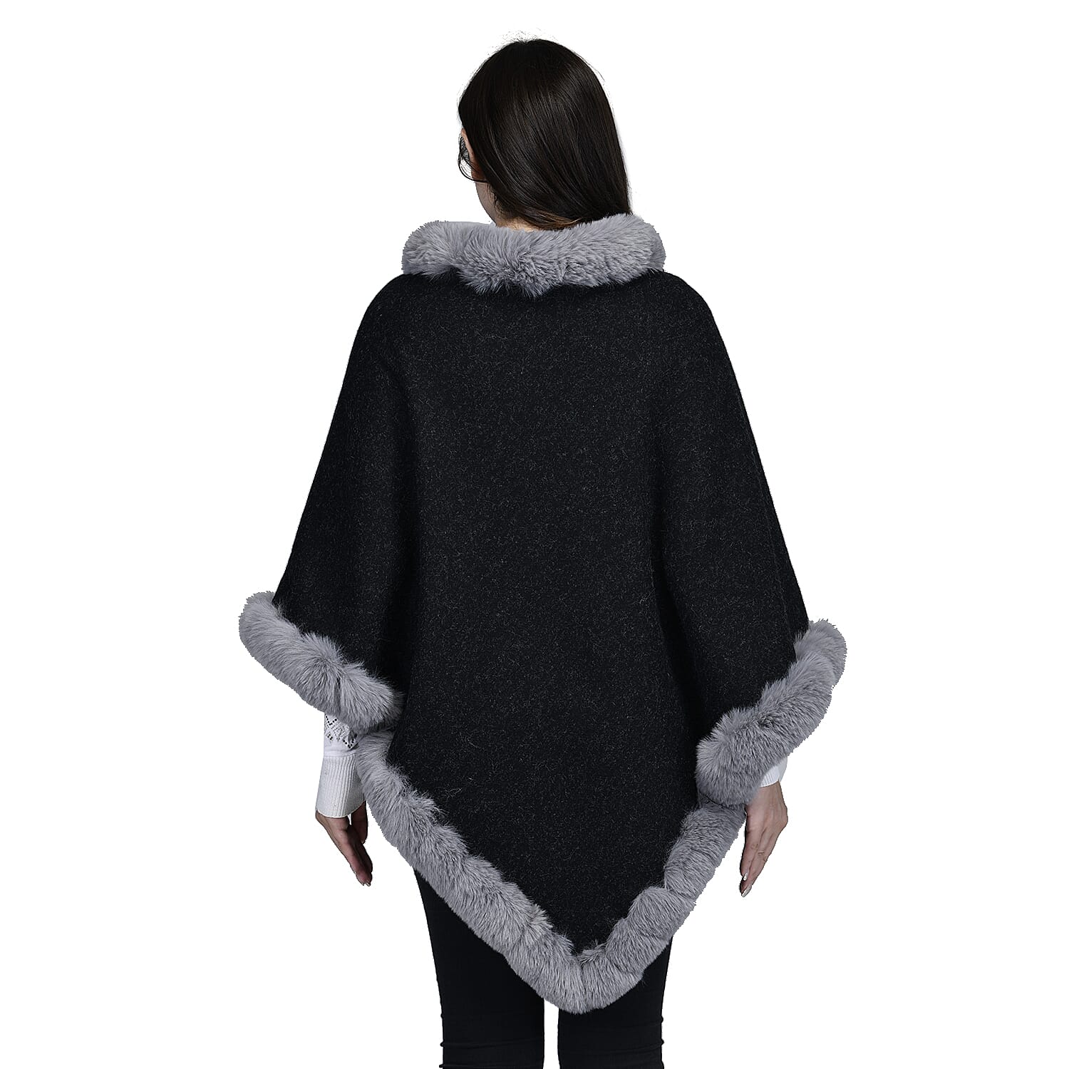 TAMSY High Neck Collar V Shaped Faux Fur Poncho - Black & Light Grey