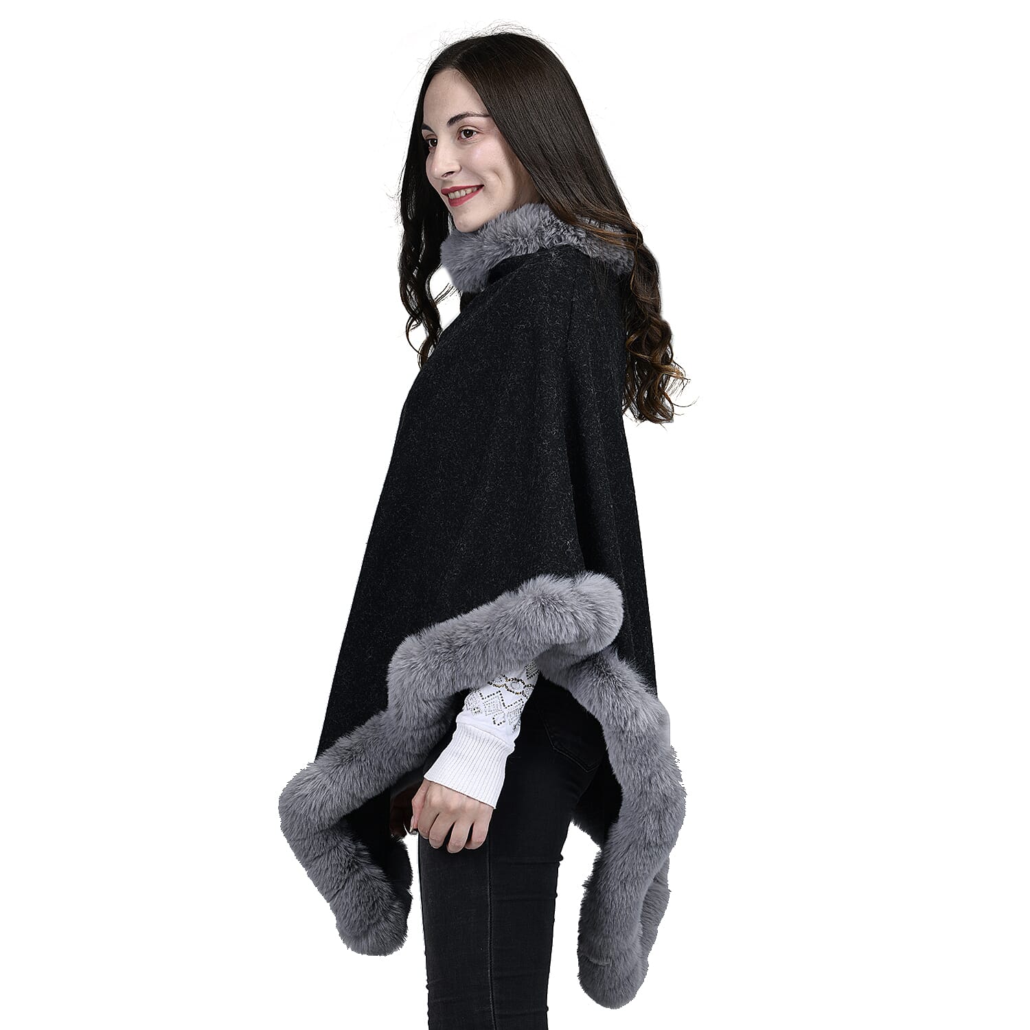 TAMSY High Neck Collar V Shaped Faux Fur Poncho - Black & Light Grey