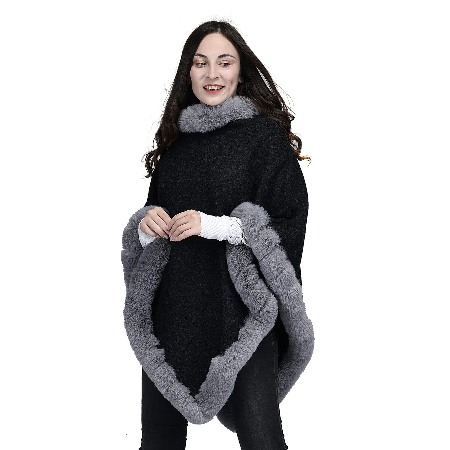 TAMSY High Neck Collar V Shaped Faux Fur Poncho - Black & Light Grey