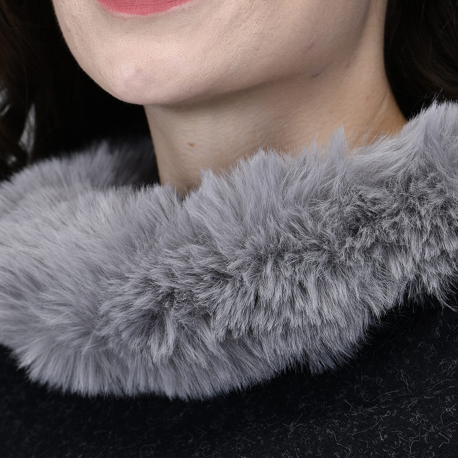 TAMSY High Neck Collar V Shaped Faux Fur Poncho - Black & Light Grey