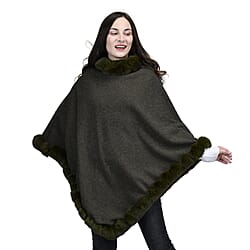 TAMSY High Neck Collar V Shaped Faux Fur Poncho - Grass Green