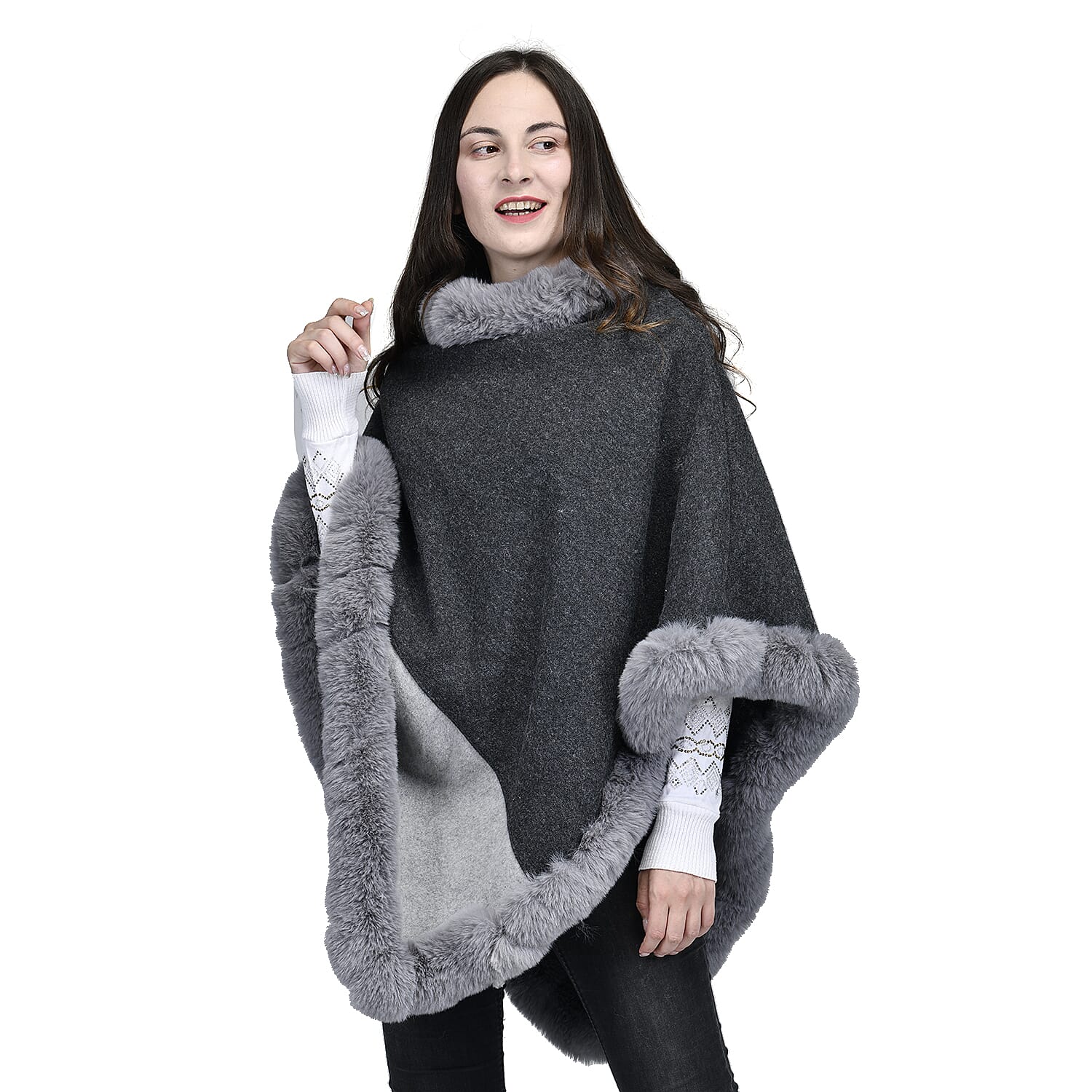 TAMSY High Neck Collar V Shaped Faux Fur Poncho (Size 130x85 Cm) - Dark & Light Grey
