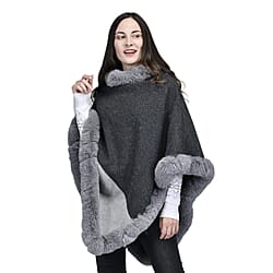 TAMSY High Neck Collar V Shaped Faux Fur Poncho - Black & Light Grey