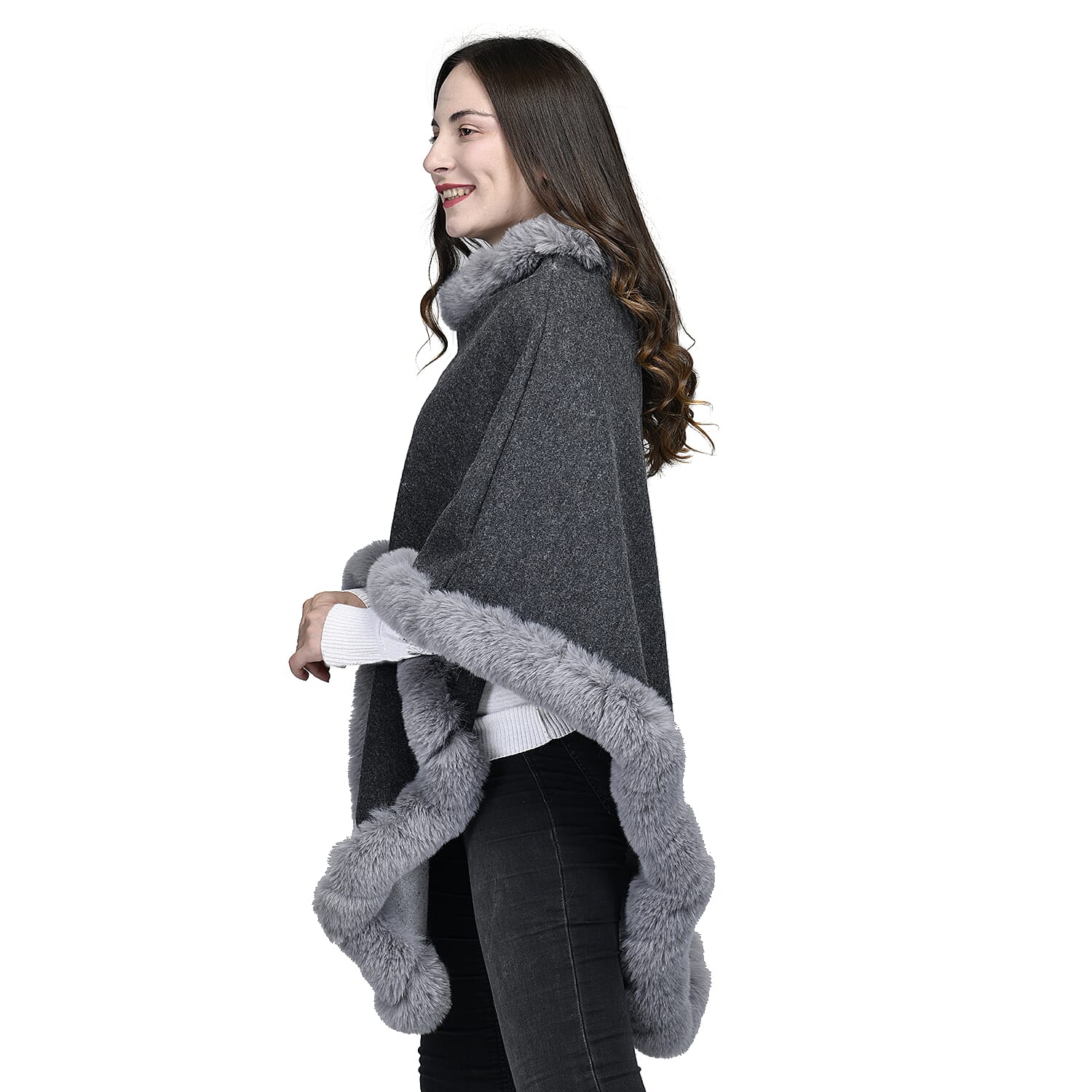 TAMSY High Neck Collar V Shaped Faux Fur Poncho (Size 130x85 Cm) - Dark & Light Grey