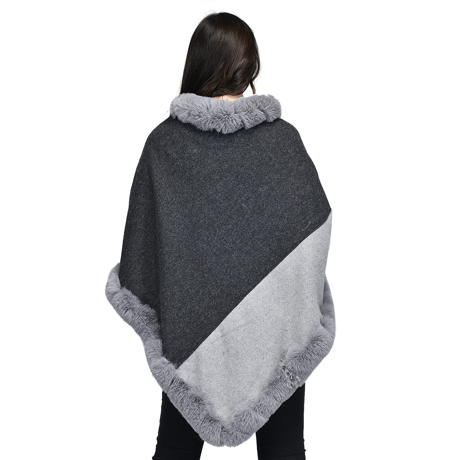 TAMSY High Neck Collar V Shaped Faux Fur Poncho (Size 130x85 Cm) - Dark & Light Grey