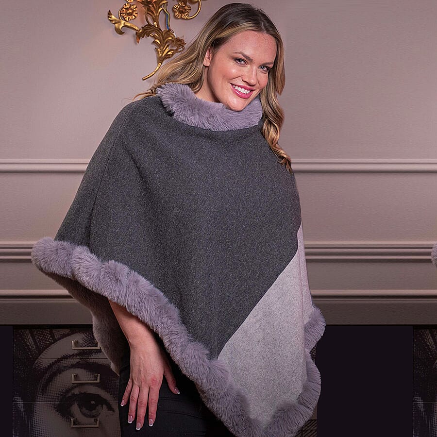 TAMSY High Neck Collar V Shaped Faux Fur Poncho (Size 130x85 Cm) - Dark & Light Grey