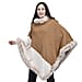 TAMSY High Neck Collar V Shaped Faux Fur Poncho - Khaki & Beige