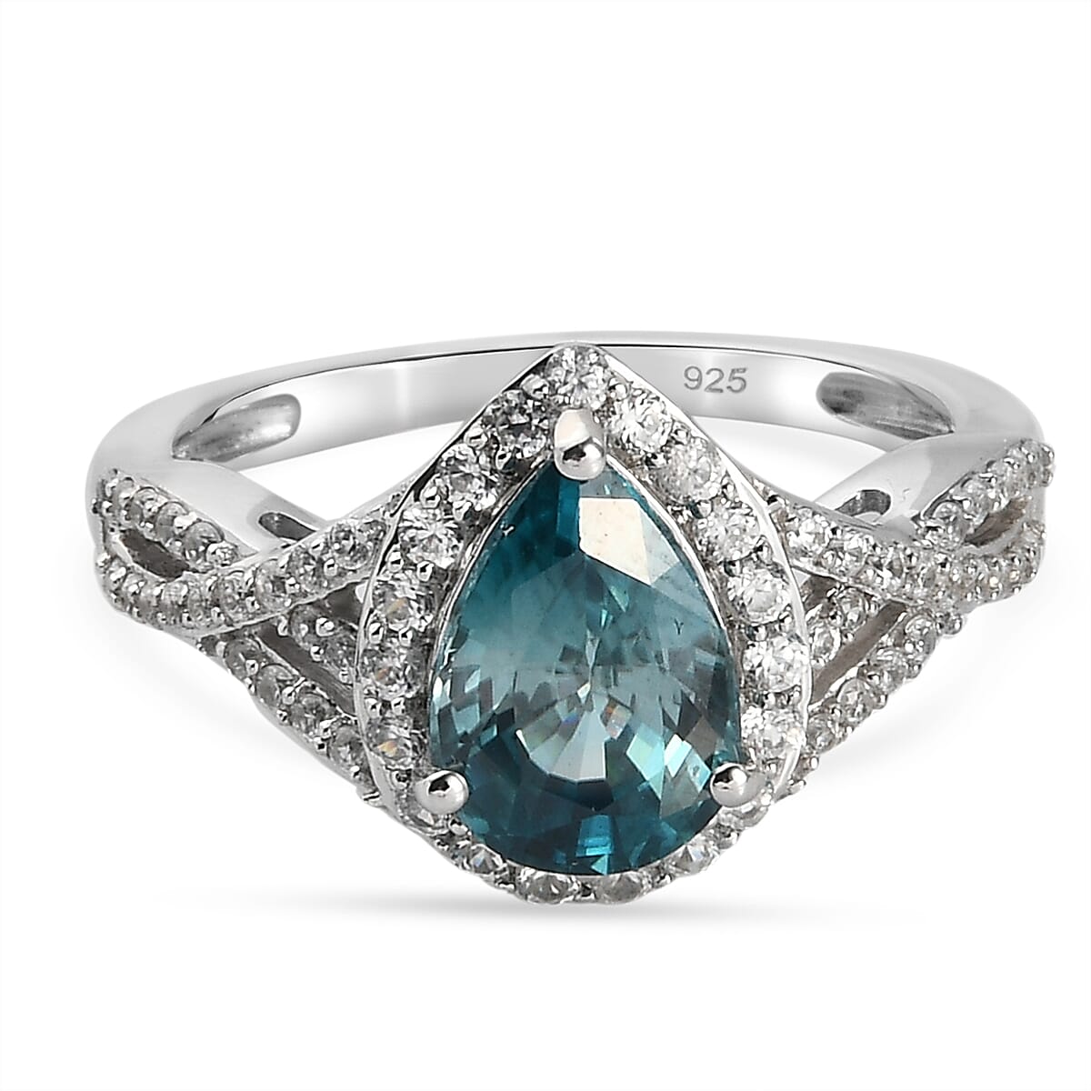Ratanakiri Blue Zircon and Natural Zircon Ring in Platinum Overlay Sterling Silver 3.73 Ct.