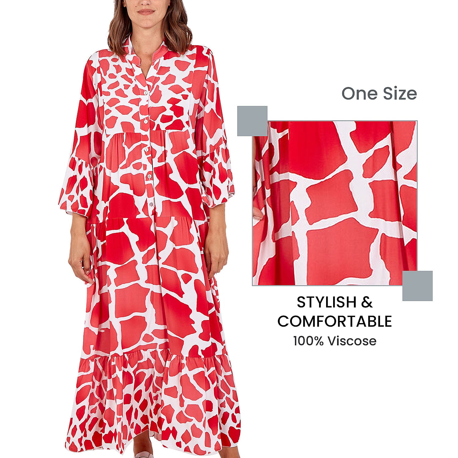 Nova of London Women Giraffe Pattern Maxi Smock Dress (One Size)  - Red