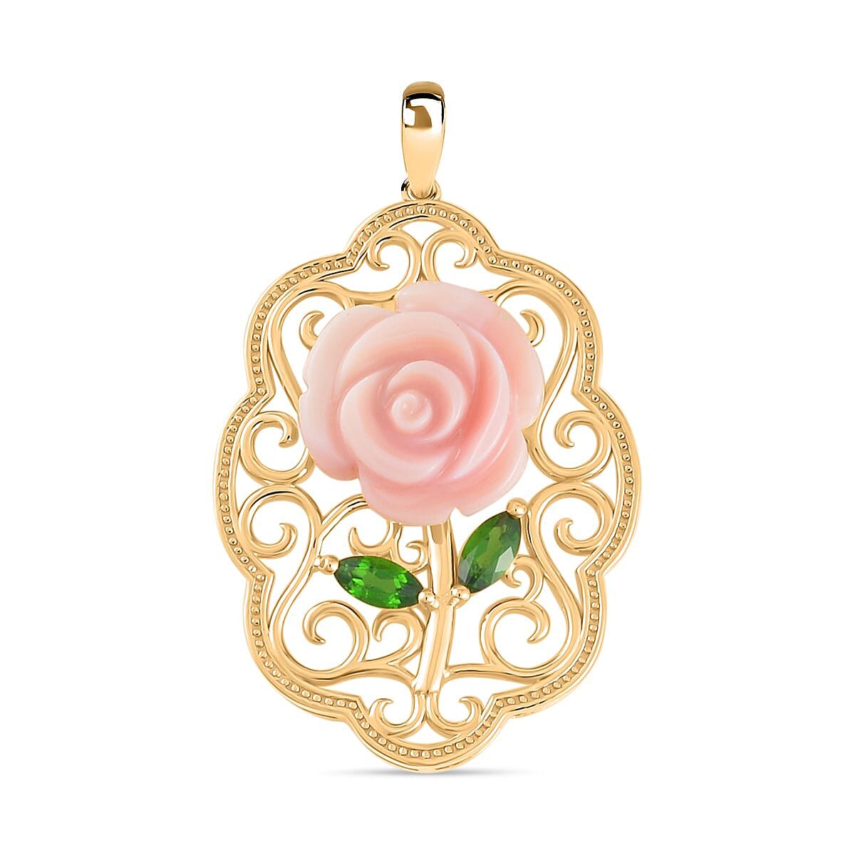 Pink Mother Of Pearl & Natural Chrome Diopside Rose Pendant in 18K Vermeil Yellow Gold Plated Sterling Silver 9.68 Ct.
