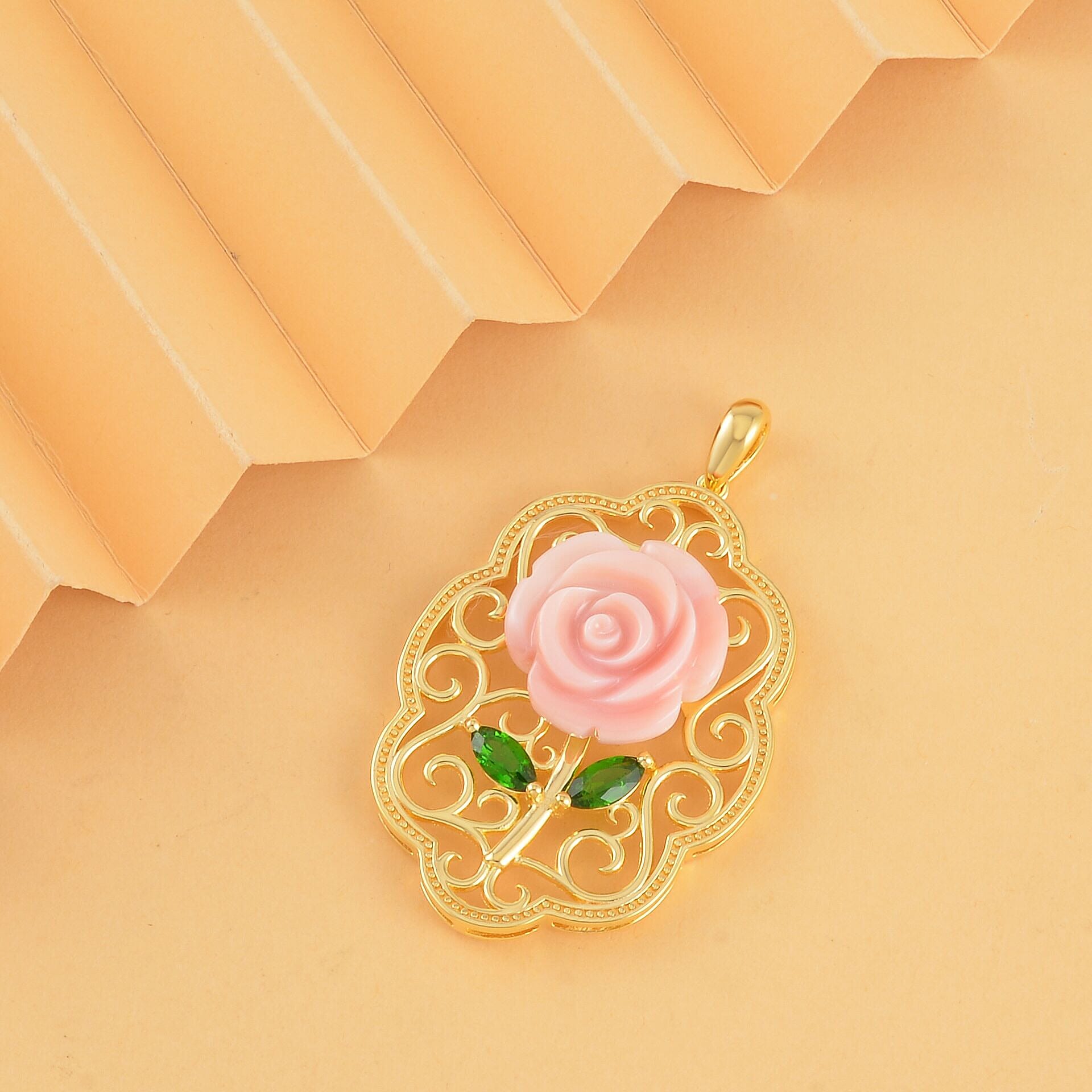 Pink Mother Of Pearl & Natural Chrome Diopside Rose Pendant in 18K Vermeil Yellow Gold Plated Sterling Silver 9.68 Ct.