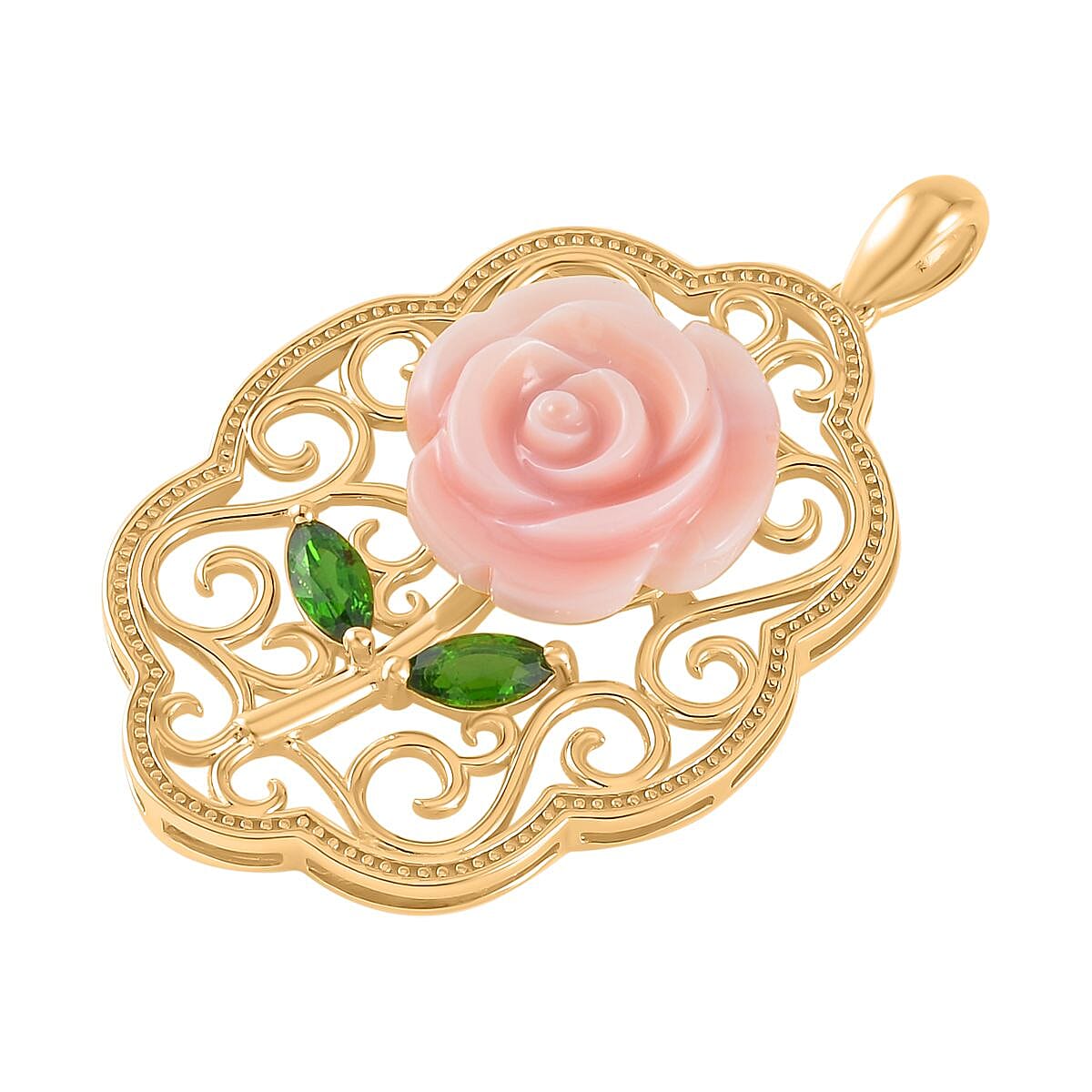 Pink Mother Of Pearl & Natural Chrome Diopside Rose Pendant in 18K Vermeil Yellow Gold Plated Sterling Silver 9.68 Ct.