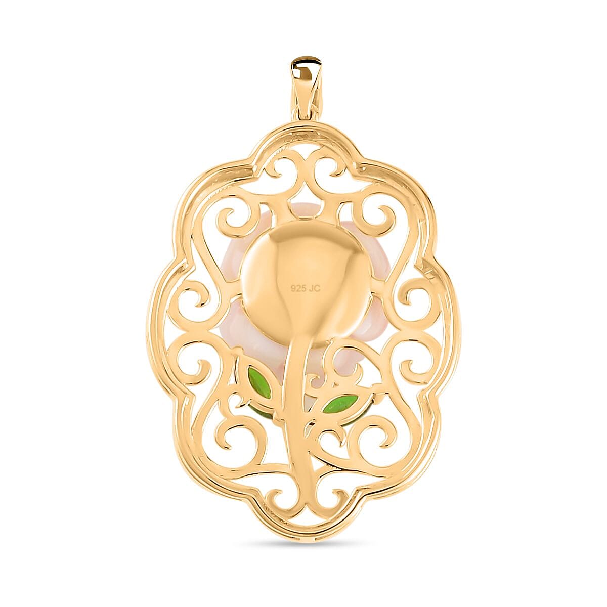 Pink Mother Of Pearl & Natural Chrome Diopside Rose Pendant in 18K Vermeil Yellow Gold Plated Sterling Silver 9.68 Ct.