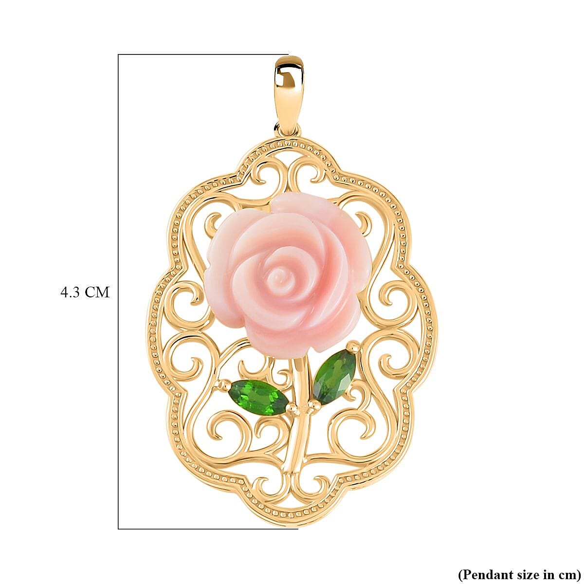 Pink Mother Of Pearl & Natural Chrome Diopside Rose Pendant in 18K Vermeil Yellow Gold Plated Sterling Silver 9.68 Ct.