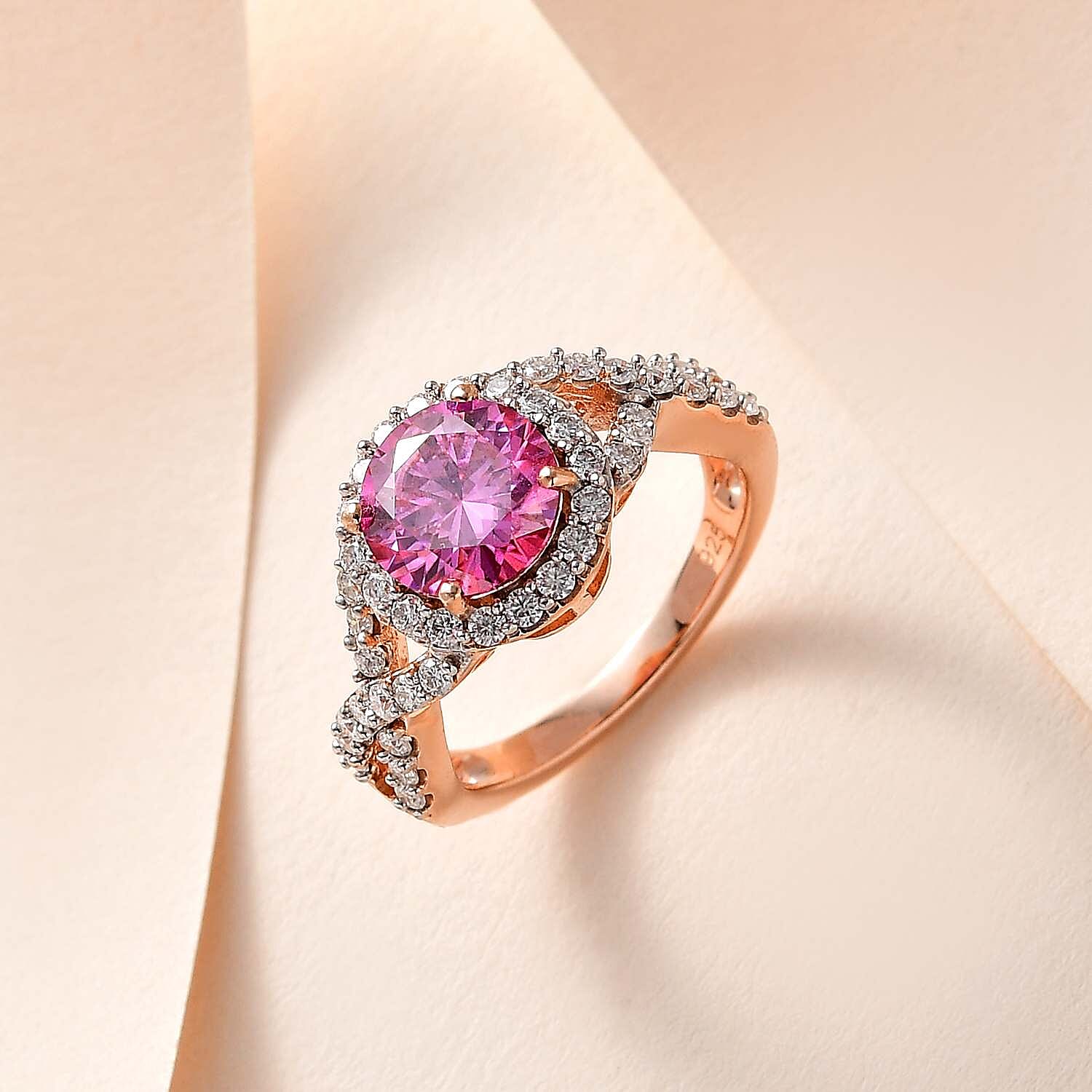 Pink & White Moissanite Halo Ring in 18K Rose Gold Vermeil Plated Sterling Silver 2.18 Ct.