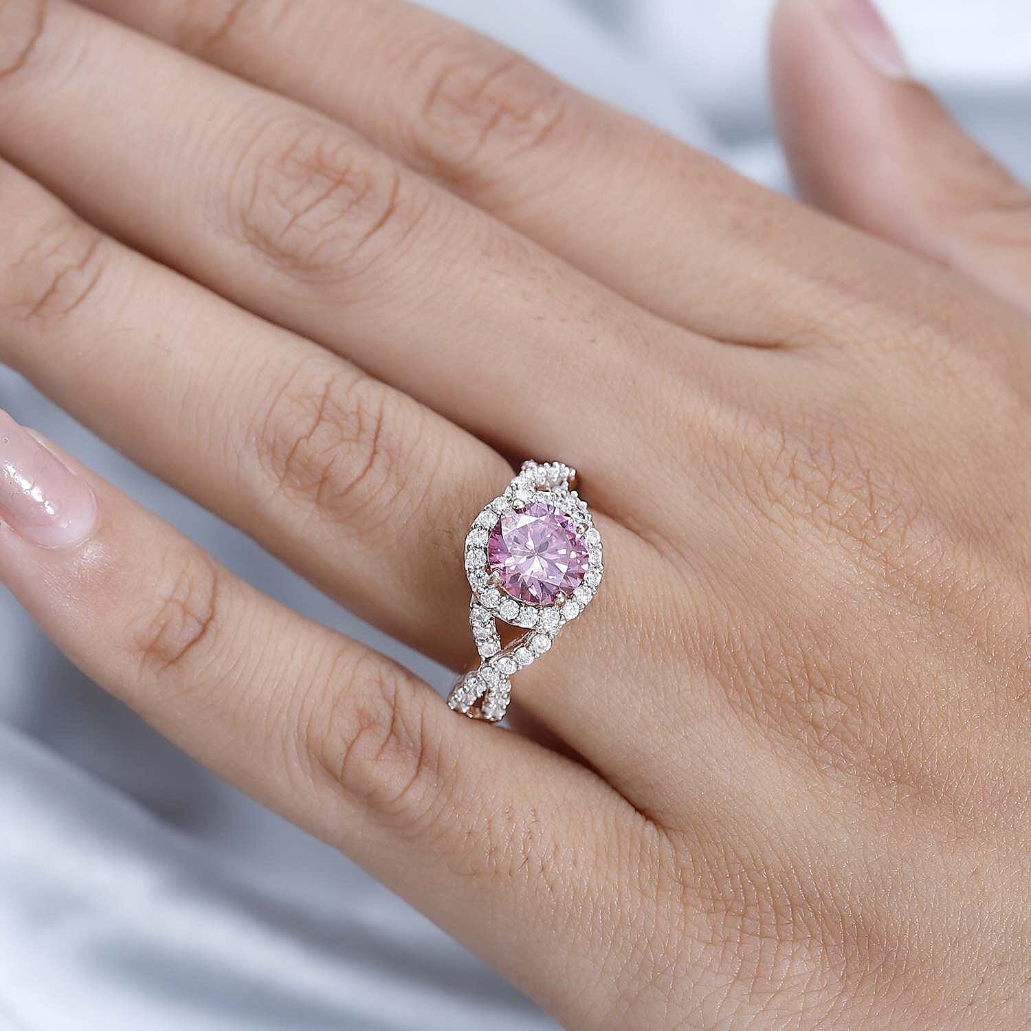 Pink & White Moissanite Halo Ring in 18K Rose Gold Vermeil Plated Sterling Silver 2.18 Ct.