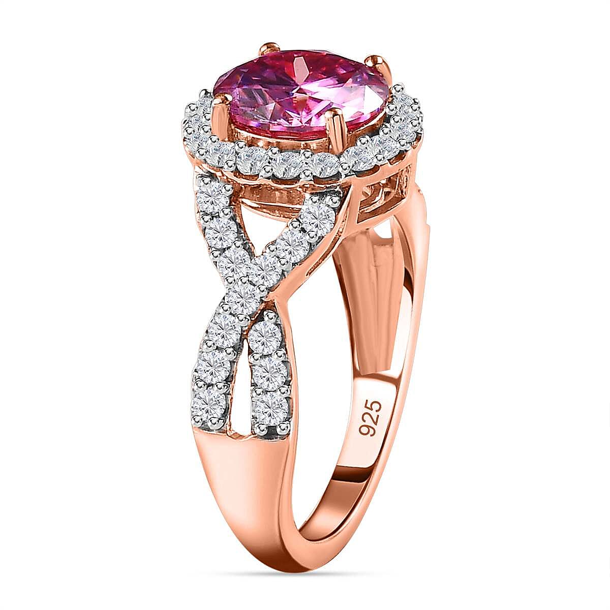 Pink & White Moissanite Halo Ring in 18K Rose Gold Vermeil Plated Sterling Silver 2.18 Ct.