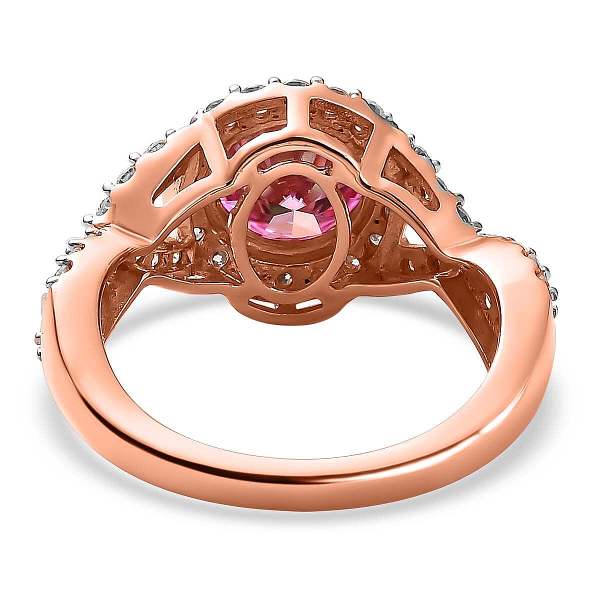 Pink & White Moissanite Halo Ring in 18K Rose Gold Vermeil Plated Sterling Silver 2.18 Ct.