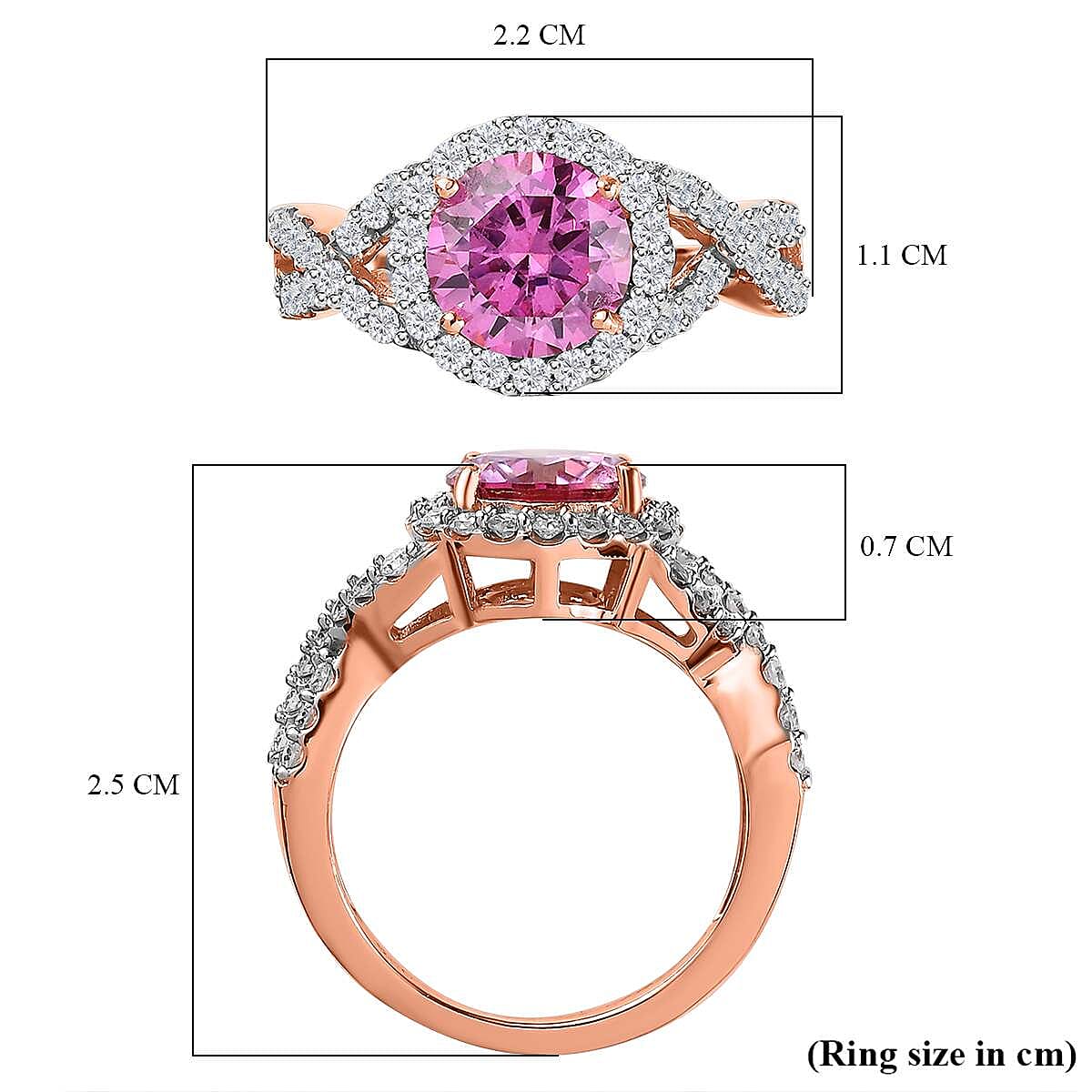 Pink & White Moissanite Halo Ring in 18K Rose Gold Vermeil Plated Sterling Silver 2.18 Ct.