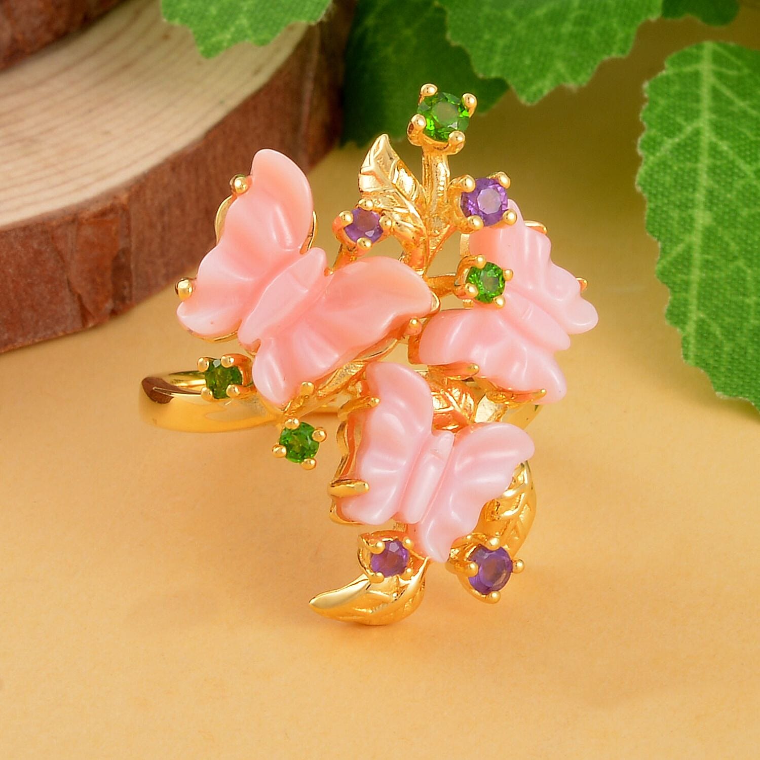 Pink Mother Of Pearl, Amethyst & Natural Chrome Diopside Butterfly Ring in 18K Vermeil Yellow Gold Plated Sterling Silver 6.47 Ct.