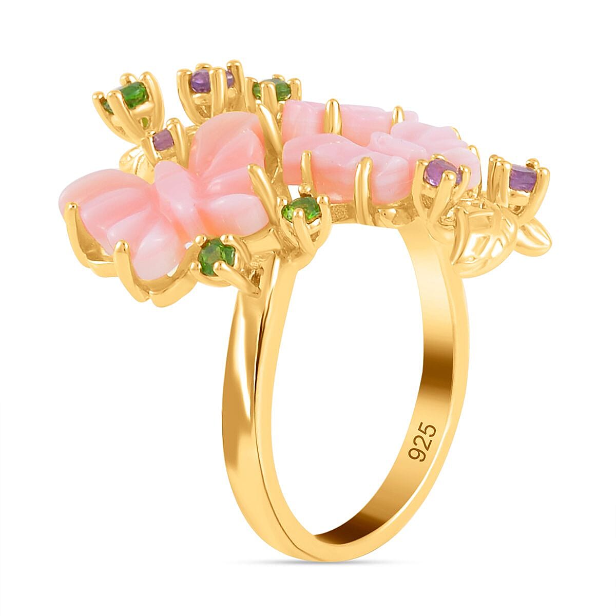 Pink Mother Of Pearl, Amethyst & Natural Chrome Diopside Butterfly Ring in 18K Vermeil Yellow Gold Plated Sterling Silver 6.47 Ct.