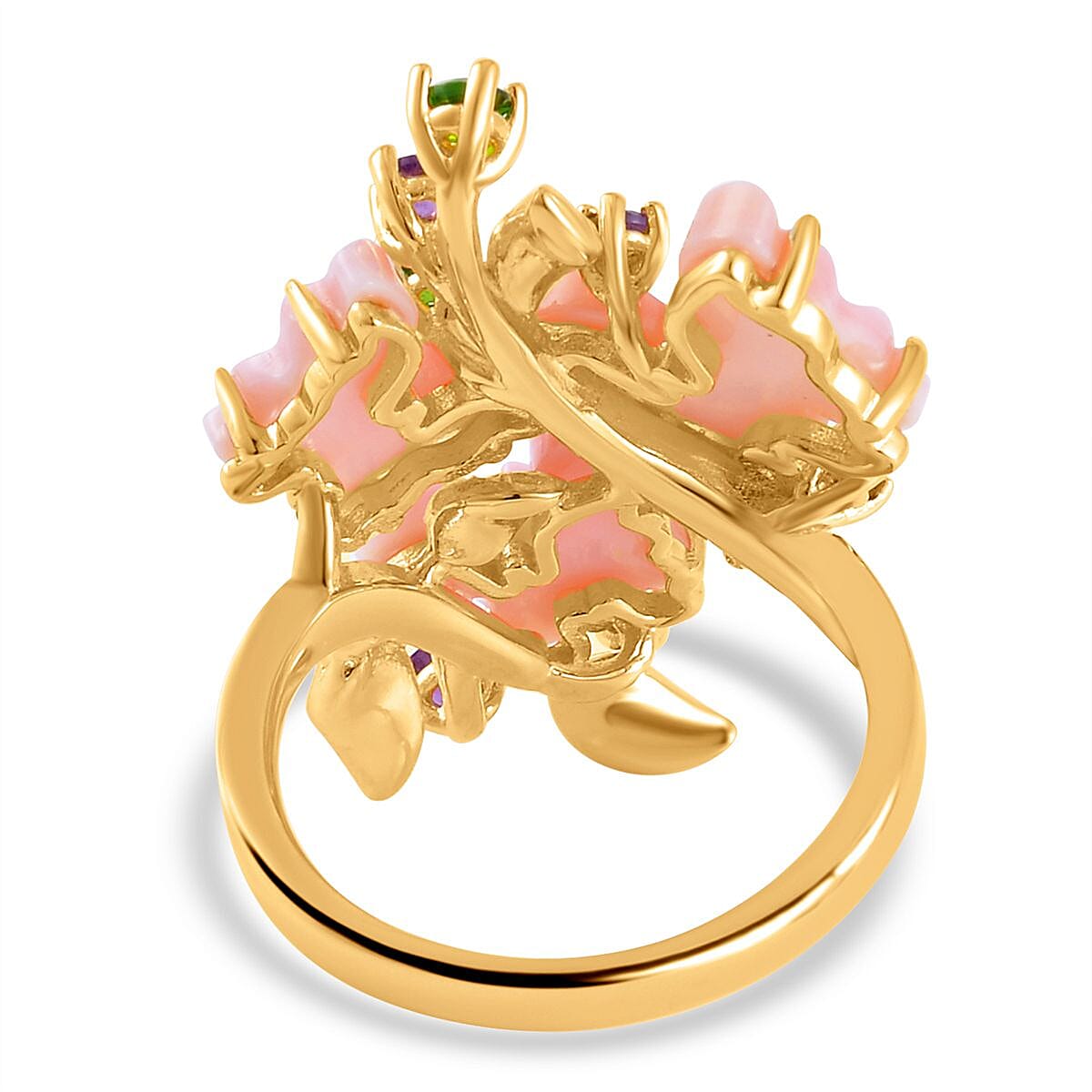 Pink Mother Of Pearl, Amethyst & Natural Chrome Diopside Butterfly Ring in 18K Vermeil Yellow Gold Plated Sterling Silver 6.47 Ct.