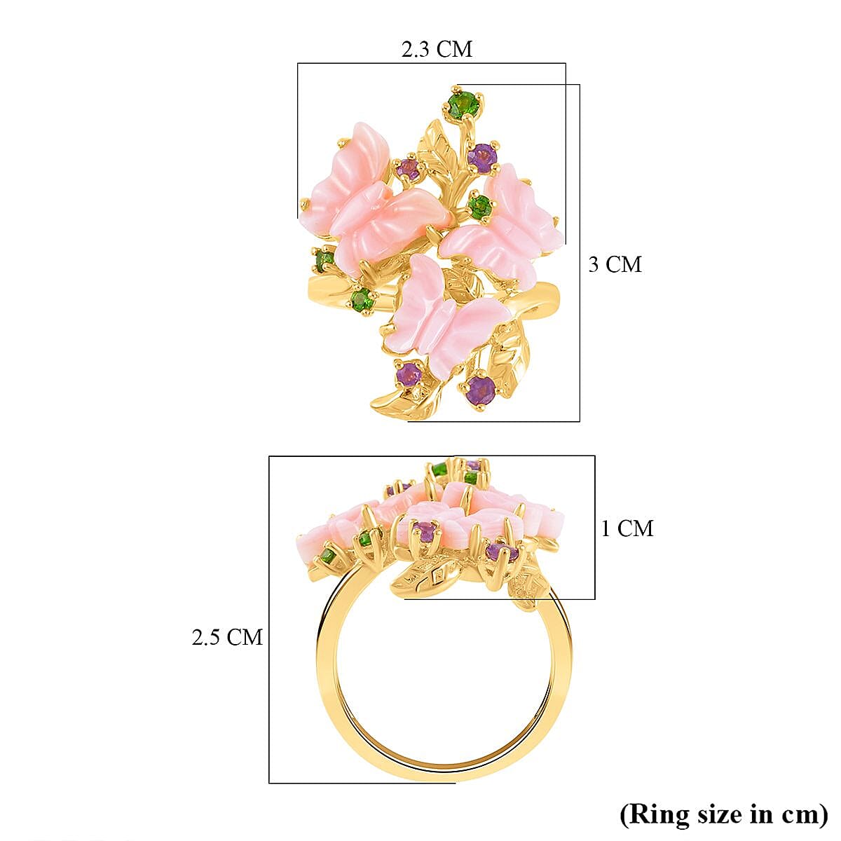 Pink Mother Of Pearl, Amethyst & Natural Chrome Diopside Butterfly Ring in 18K Vermeil Yellow Gold Plated Sterling Silver 6.47 Ct.