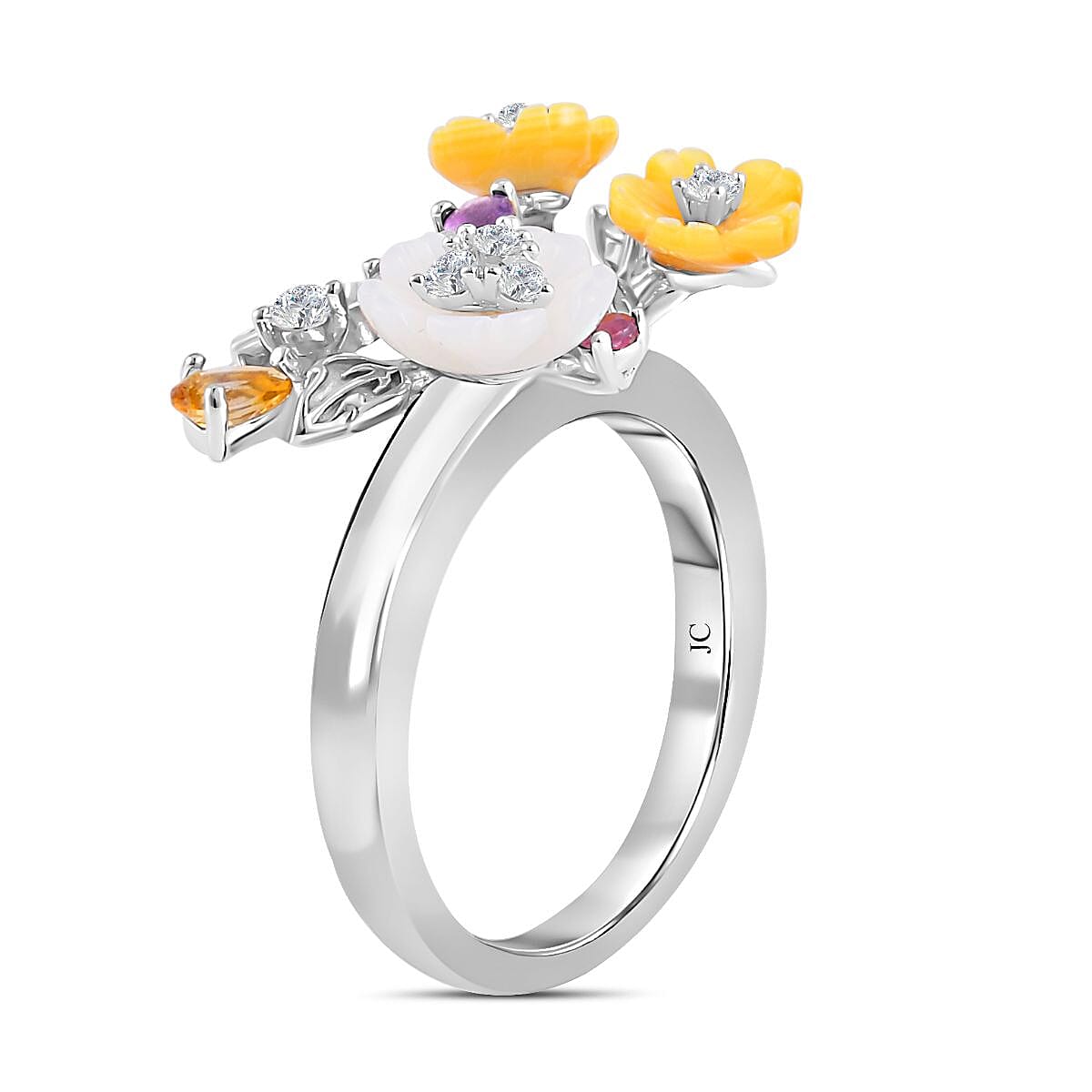 Rhodolite Garnet & Multi Gemstone Floral Ring in Rhodium Overlay Sterling Silver 2.51 Ct, Silver Wt. 5.00 Gms.