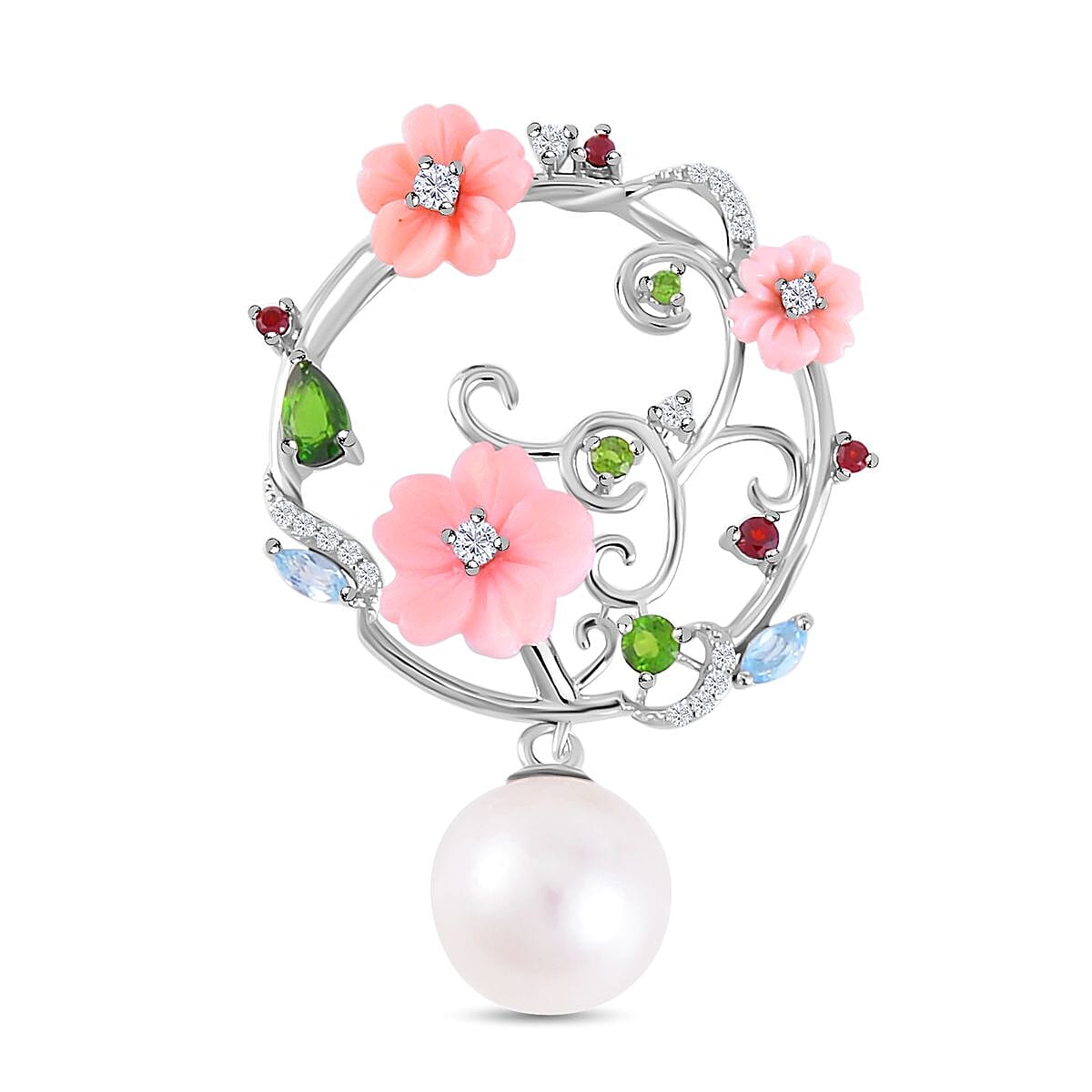 Edison Pearl, Pink Mother Of Pearl & Multi Gemstone Pendant in Rhodium Overlay Sterling Silver 5.58 Ct.